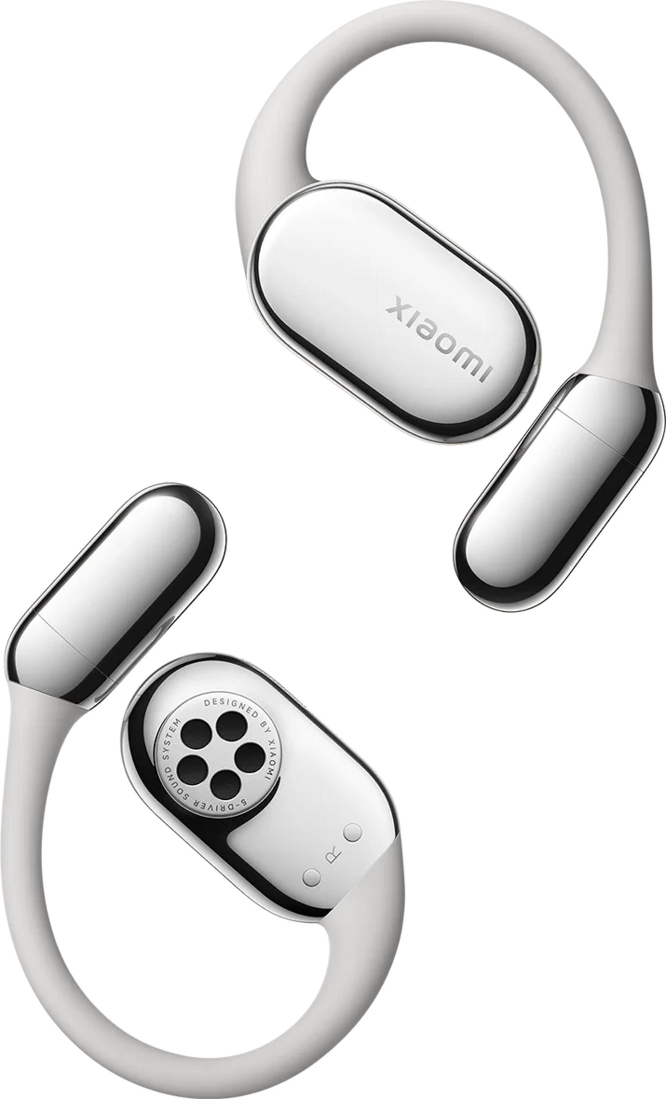 Zwei weiße Xiaomi-Ohrhörer mit silbernen Akzenten, auf weißem Hintergrund.