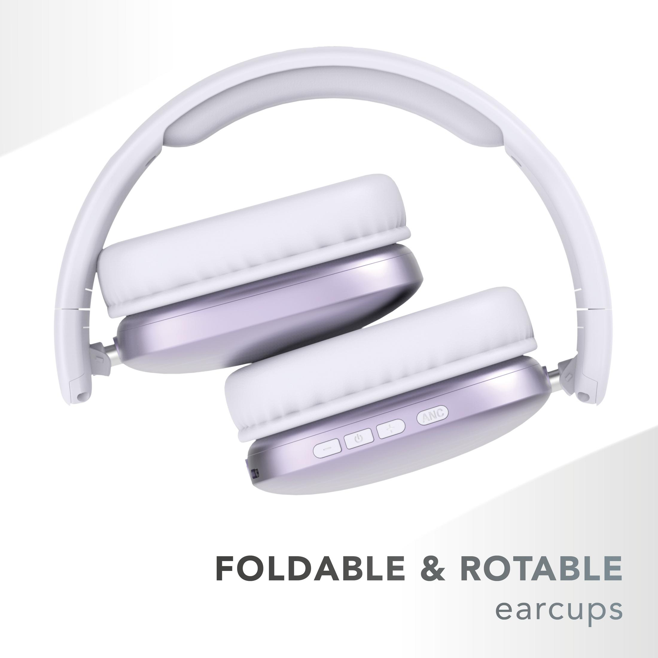 Cuffie bianche pieghevoli con padiglioni viola e controlli.