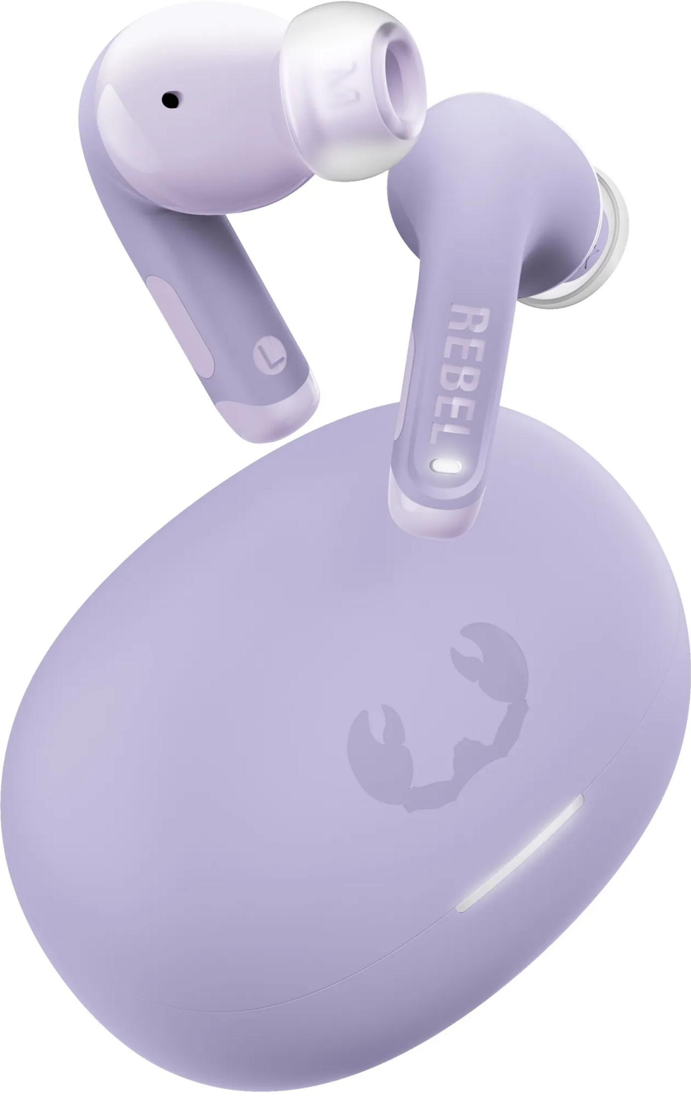 Lavendelfarbene kabellose Ohrhörer mit Ladecase und einem stilisierten Skorpion-Logo.