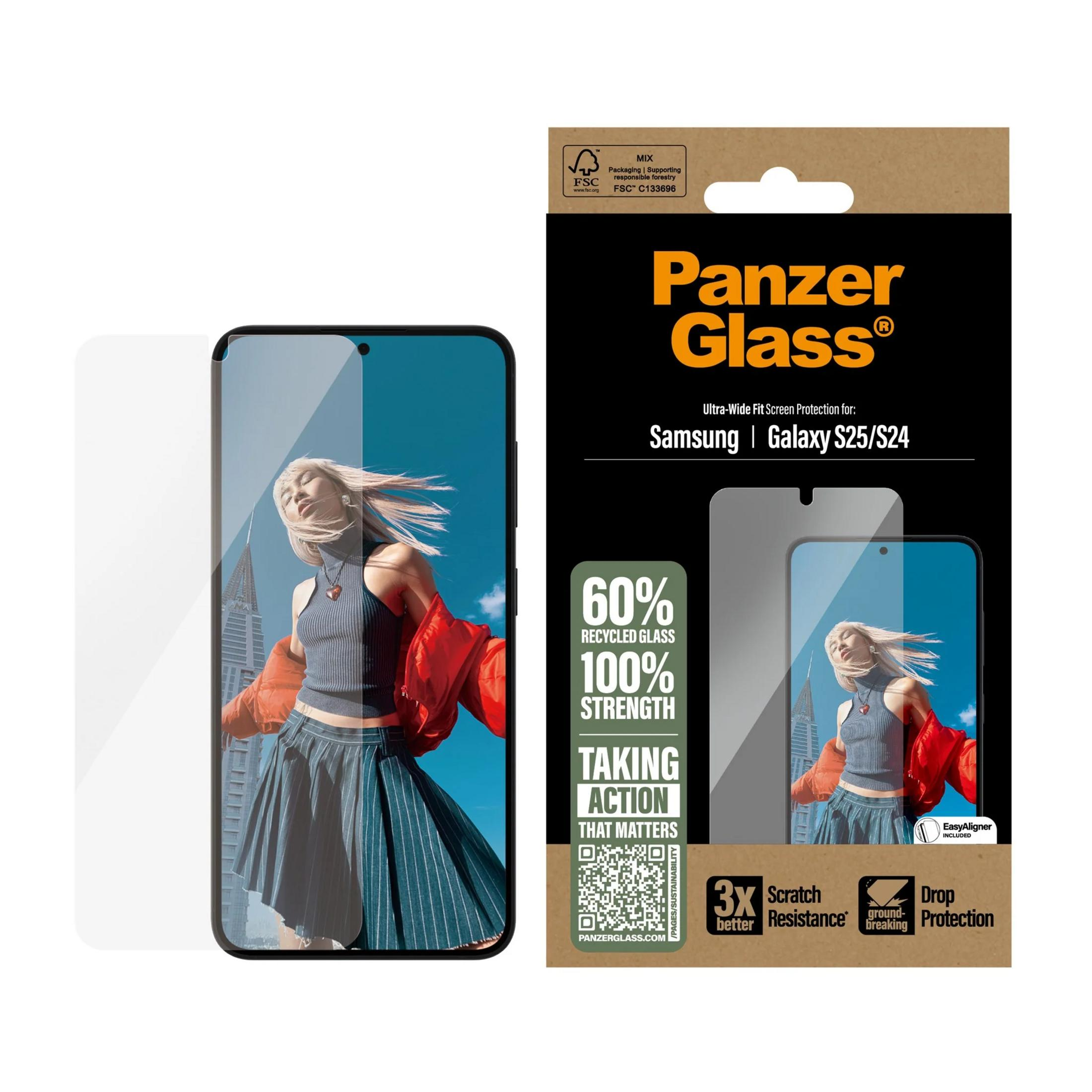 Panzer Glass Schutzfolie für Samsung Galaxy S25/S24, 60% recyceltes Glas, 100% Stärke.