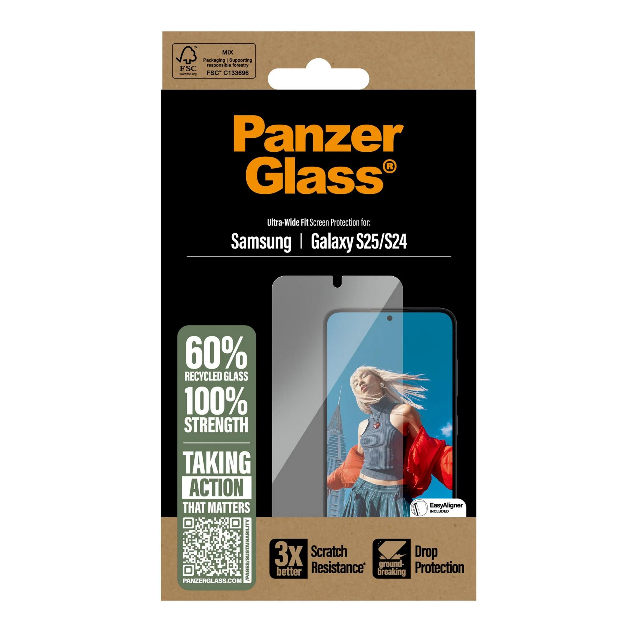Panzer Glass Displayschutzfolie für Samsung Galaxy S25/S24. Mit 60% recyceltem Glas, 100% Stärke.