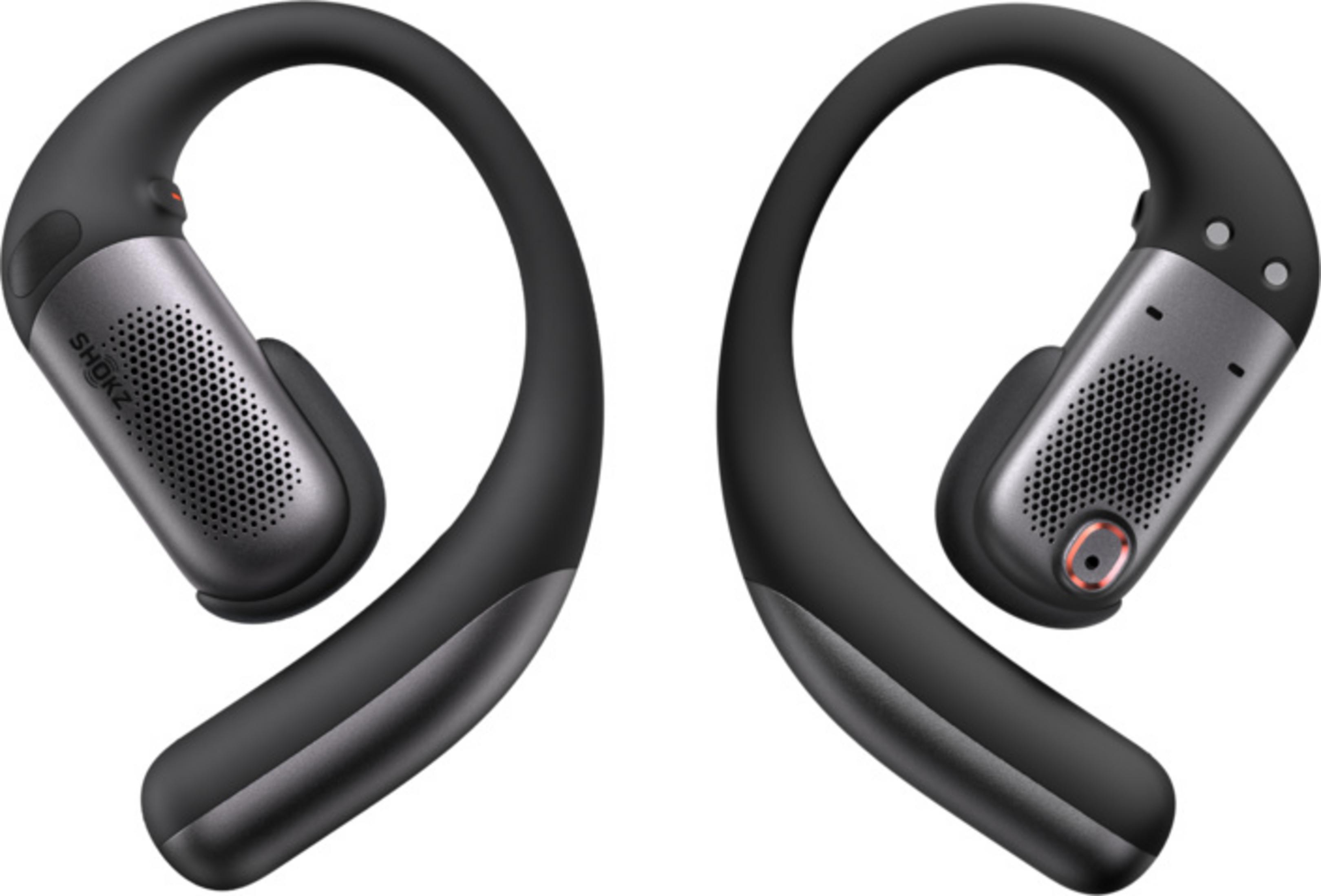Due cuffie nere con ganci auricolari ed elementi metallici su sfondo bianco.