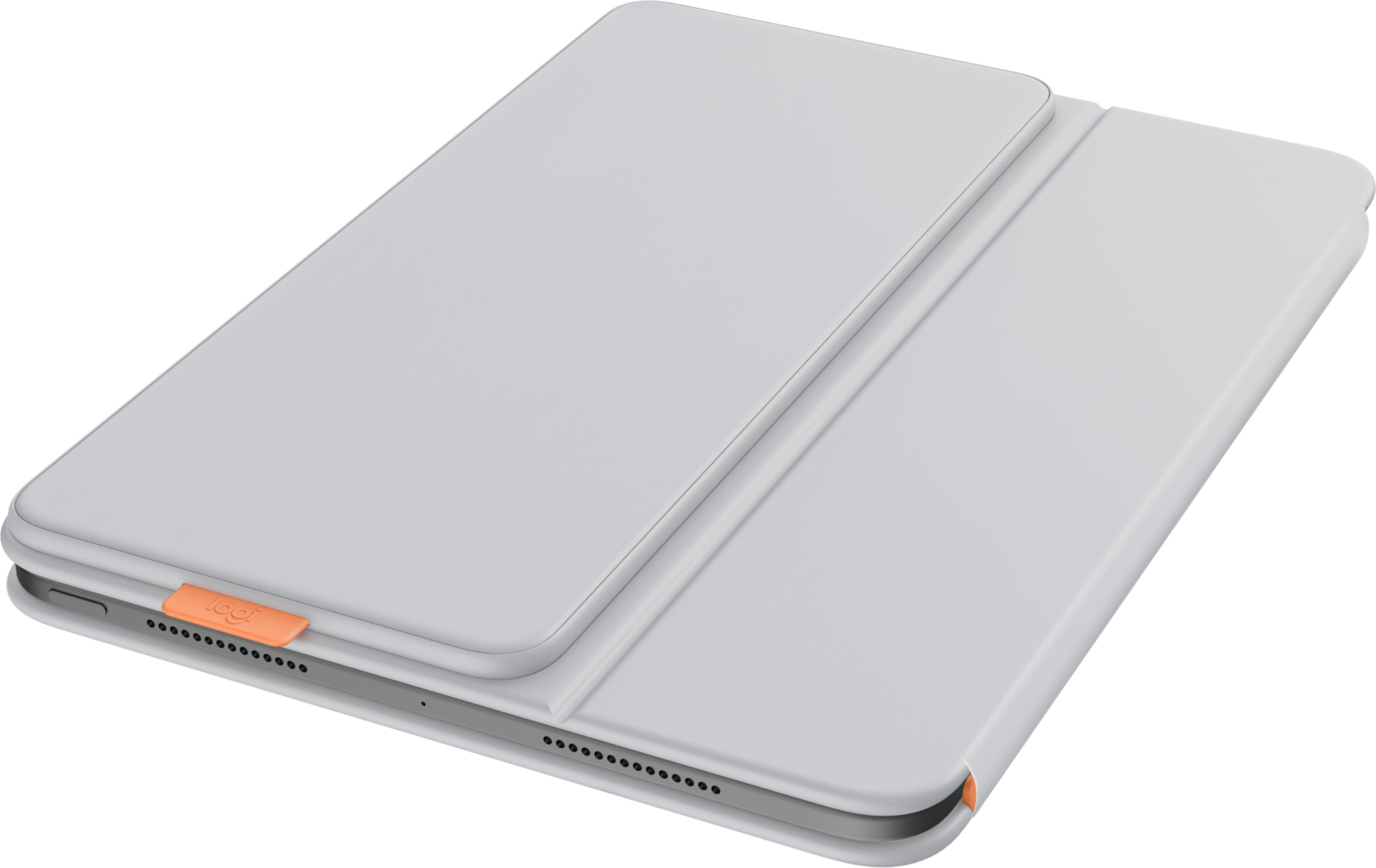Étui gris pour iPad avec logo Logitech orange, sur fond blanc.