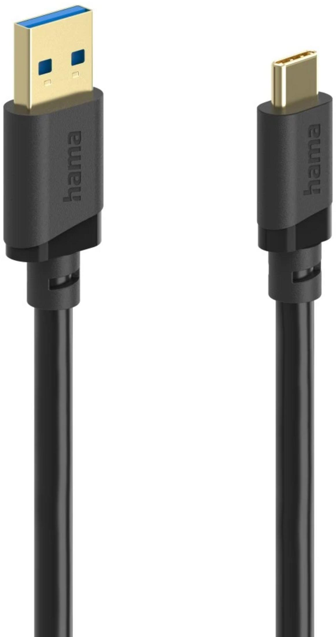 Un câble USB-A vers USB-C noir avec connecteurs dorés.
