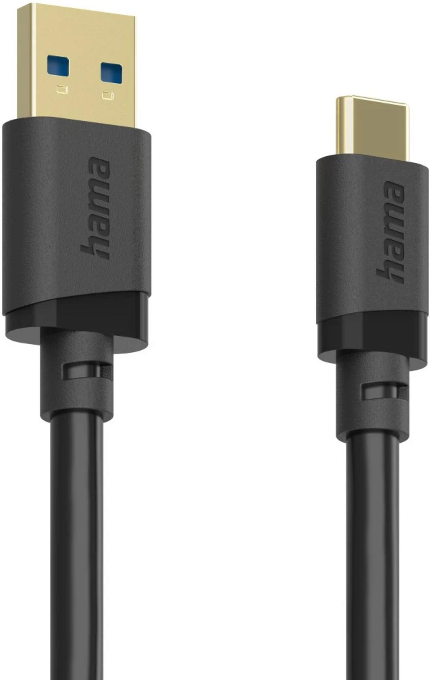 Deux câbles Hama noirs côte à côte, un connecteur USB-A et un USB-C.