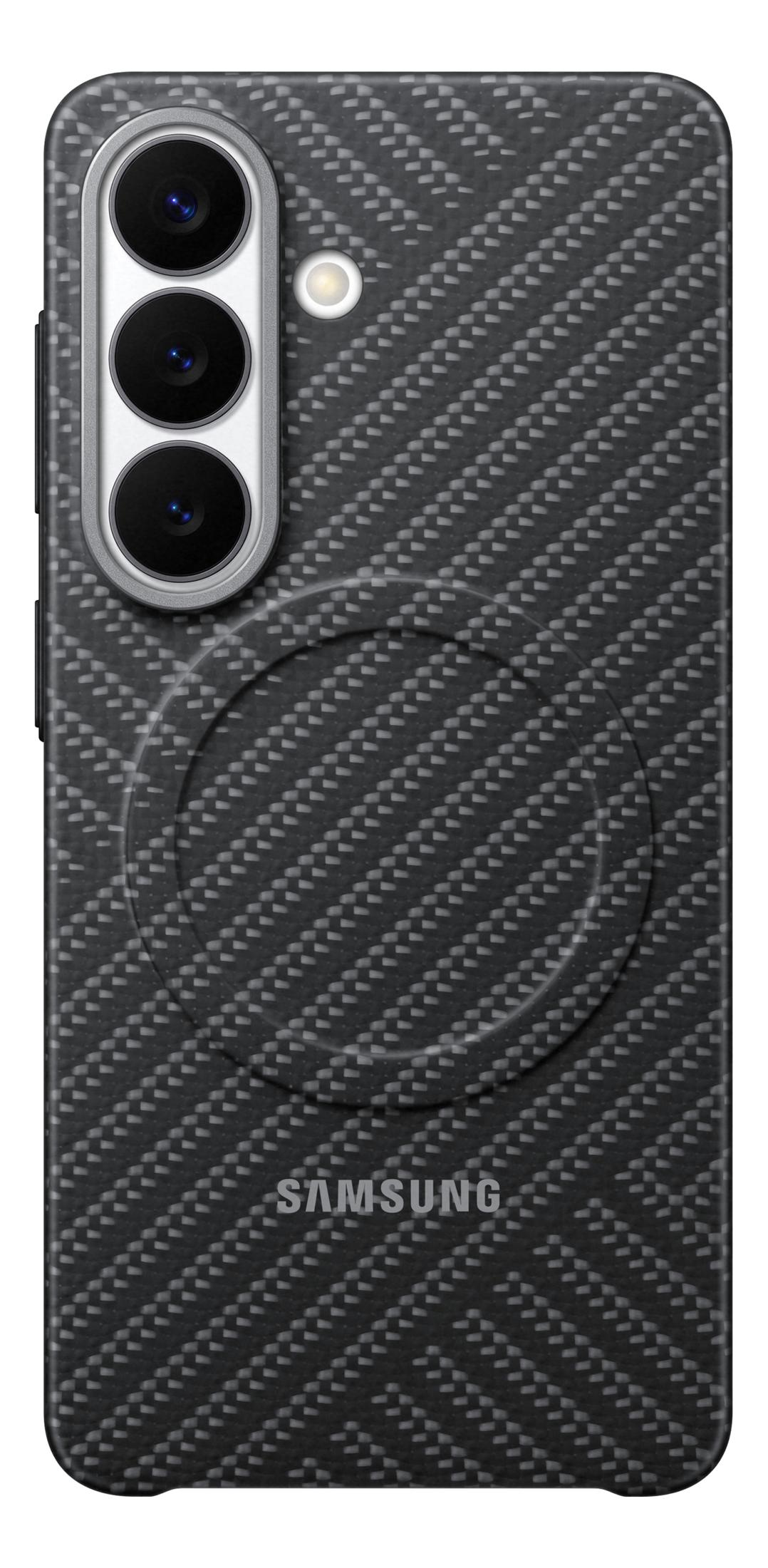 Rückseite eines schwarzen Samsung-Handys mit Carbonfaser-Muster und Kamera-Array.