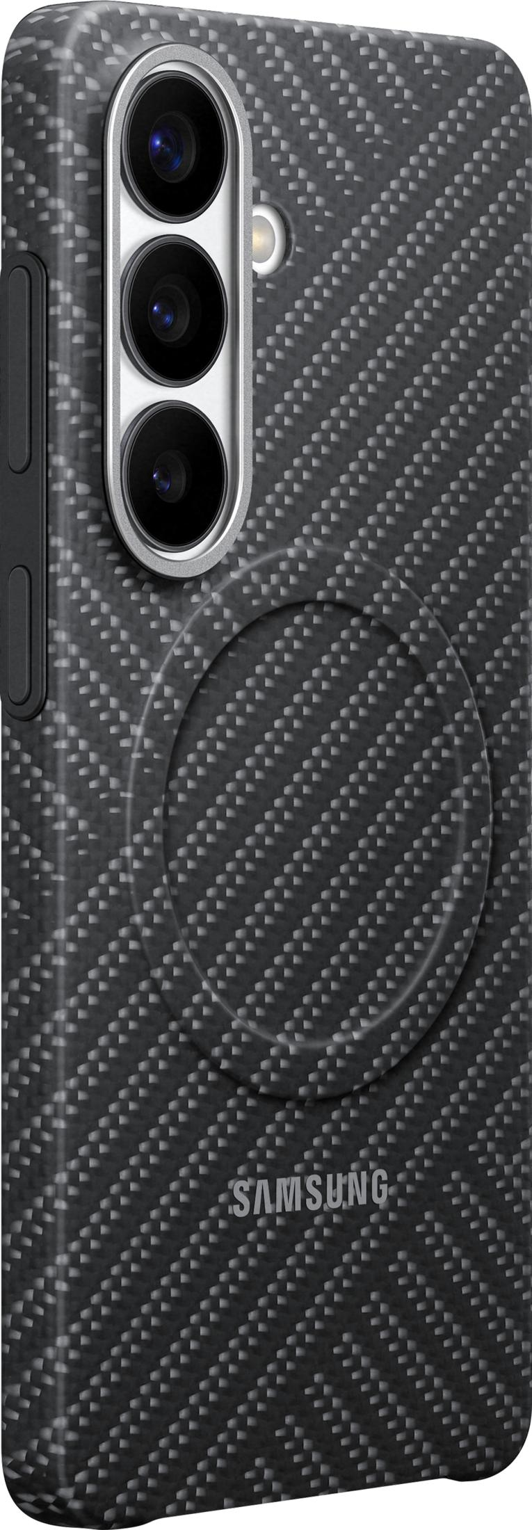 Rückseite eines schwarzen Samsung-Smartphones mit drei Kameras und strukturiertem Muster.
