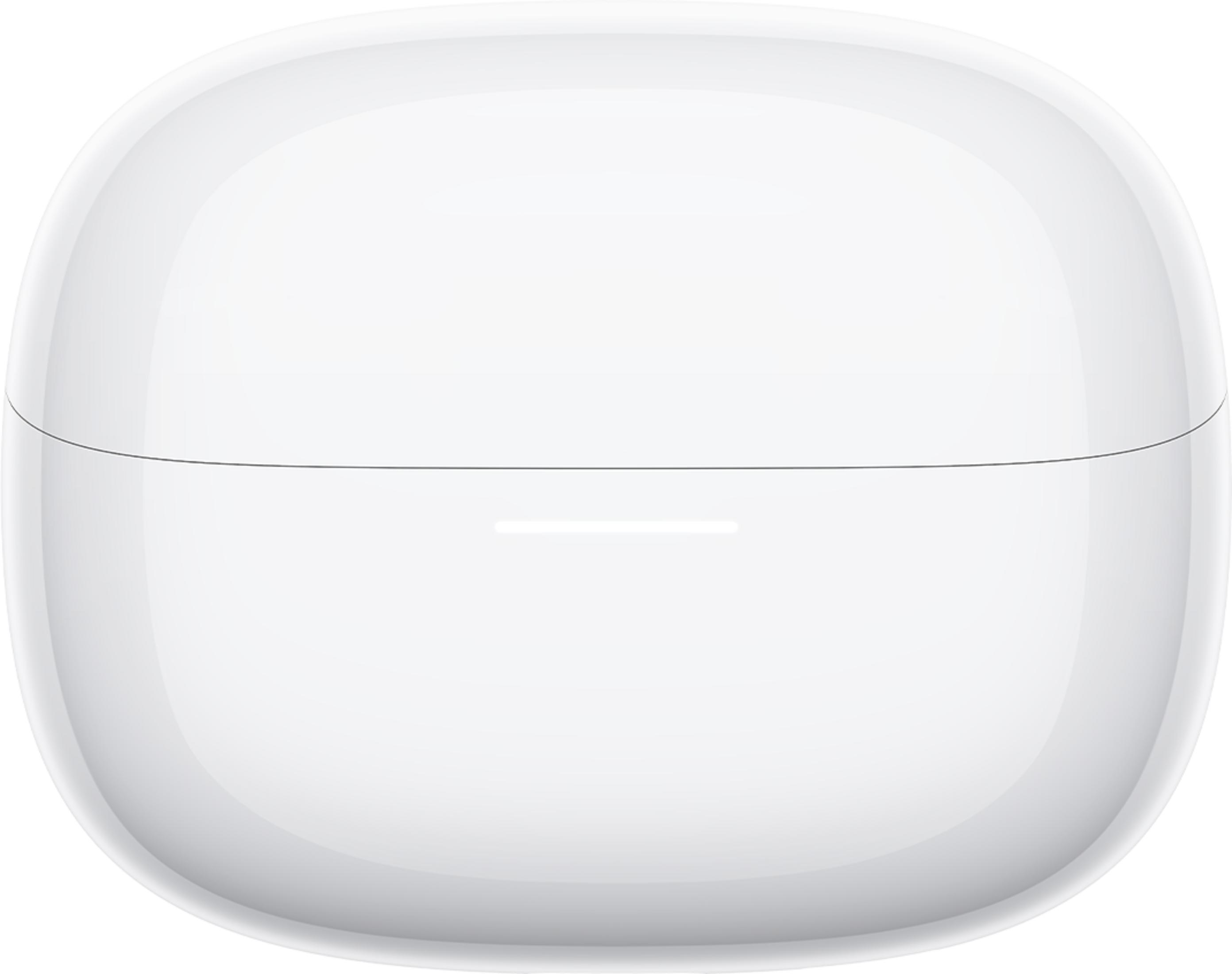 Étui de chargement blanc fermé pour écouteurs sans fil avec une petite lumière LED.