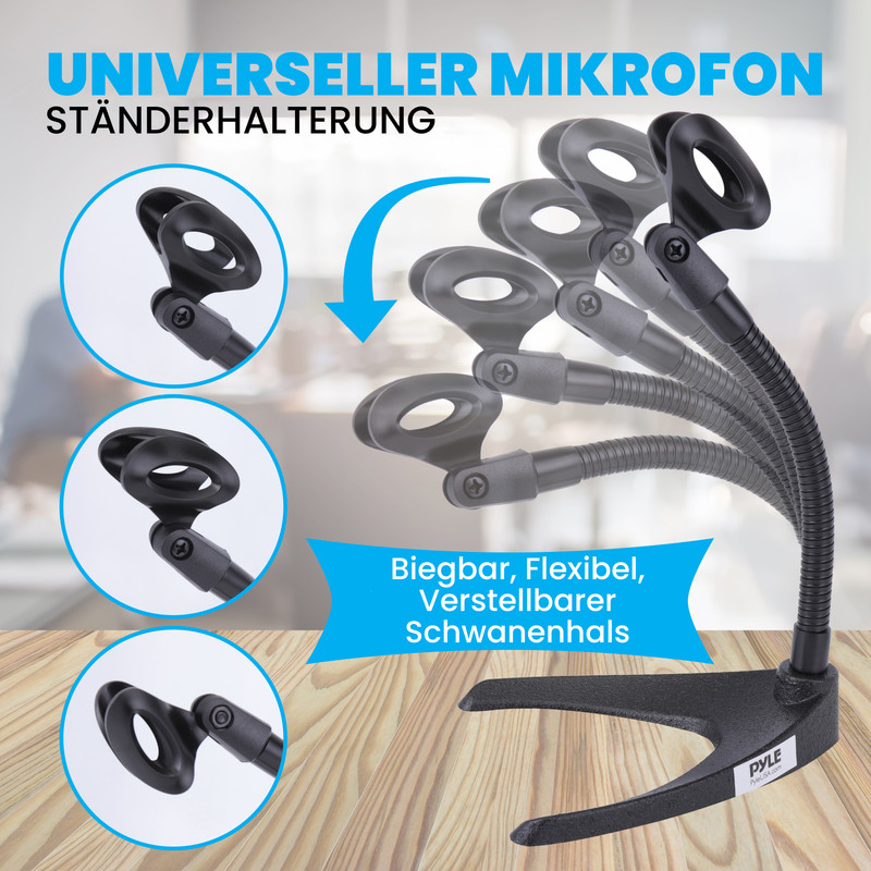 Universelle Mikrofonständerhalterung mit flexiblem Schwanenhals.