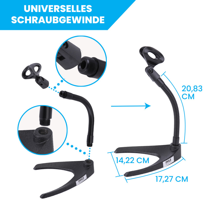 Schwarzer Mikrofonständer mit flexibler Halterung und Messungen.