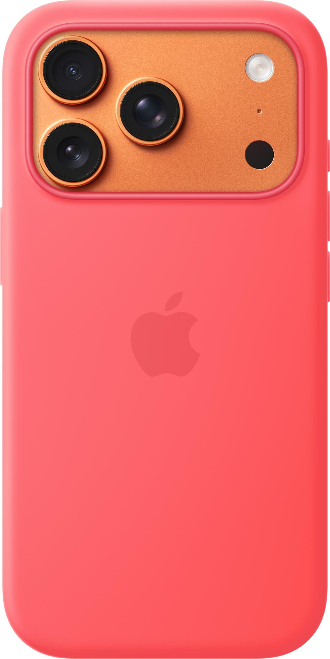 Rotes iPhone mit dreifacher Kamera und Apple-Logo auf der Rückseite.