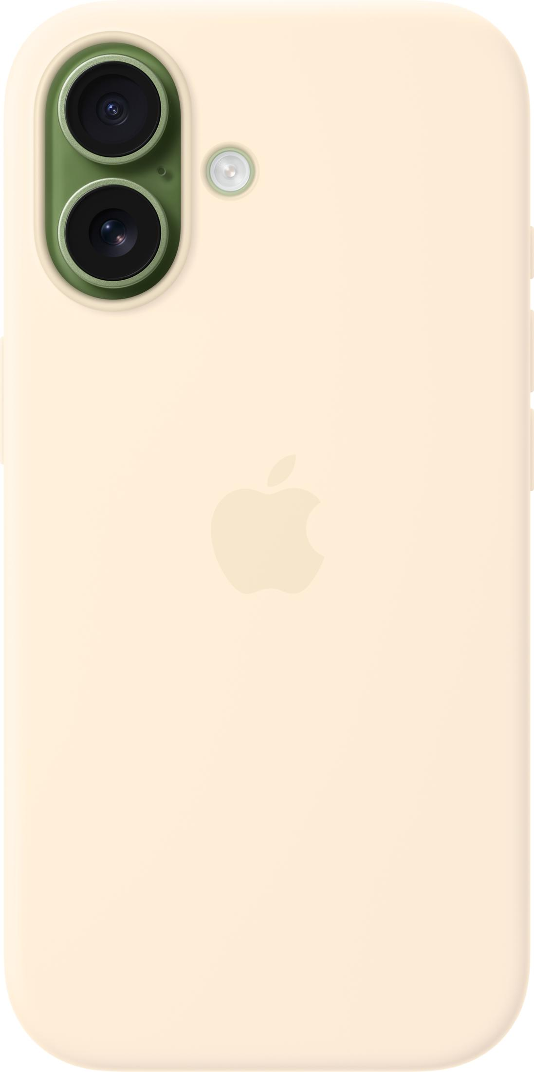 Una custodia per iPhone color crema con modulo fotocamera verde e logo Apple.