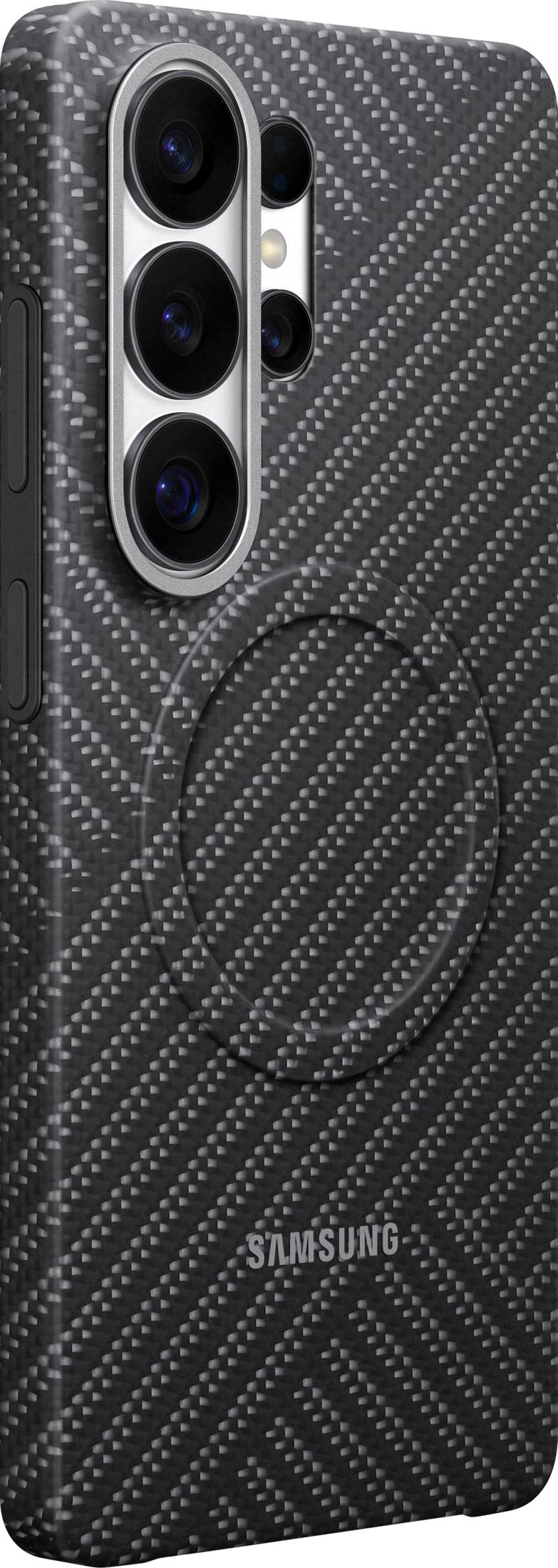 Back of a smartphone with carbon fiber pattern and cameras
