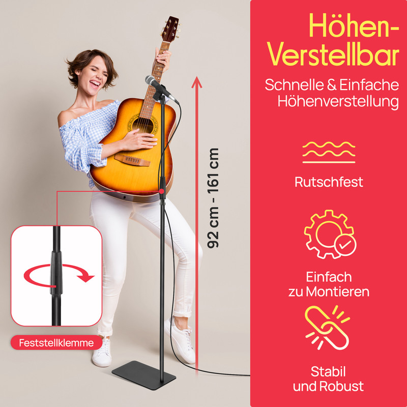 Frau mit Gitarre und Mikrofon auf einem verstellbaren Ständer, 92-161 cm.