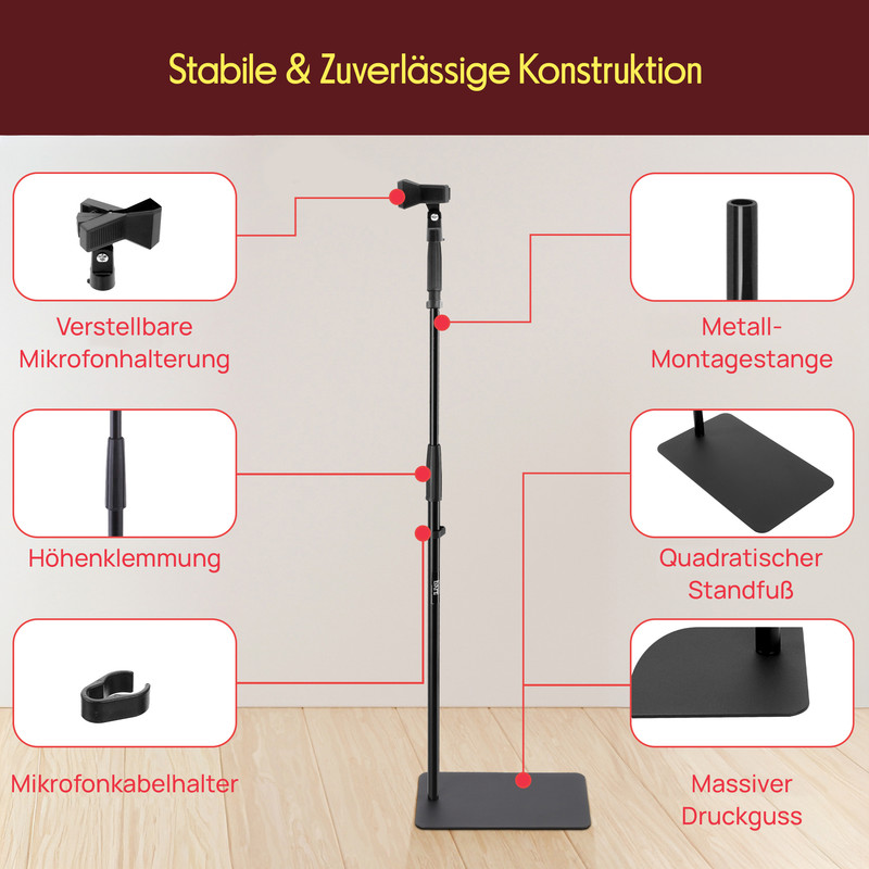 Stabiler Mikrofonständer mit verstellbarer Halterung, Höhenklemmung, Kabelhalter.