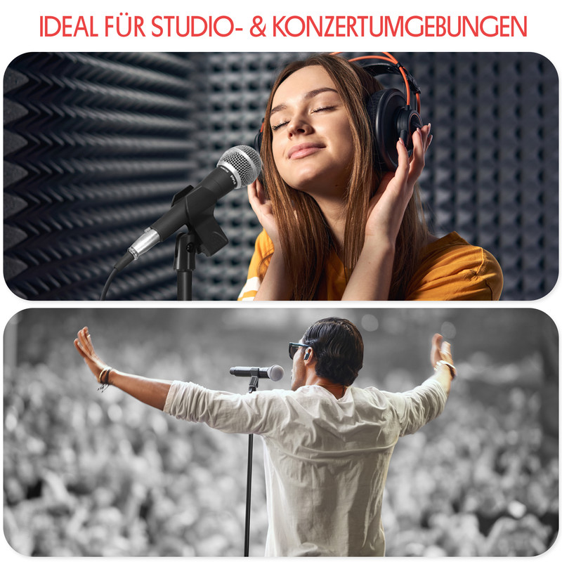 Frau mit Kopfhörern im Studio, Mann singt live vor Publikum.