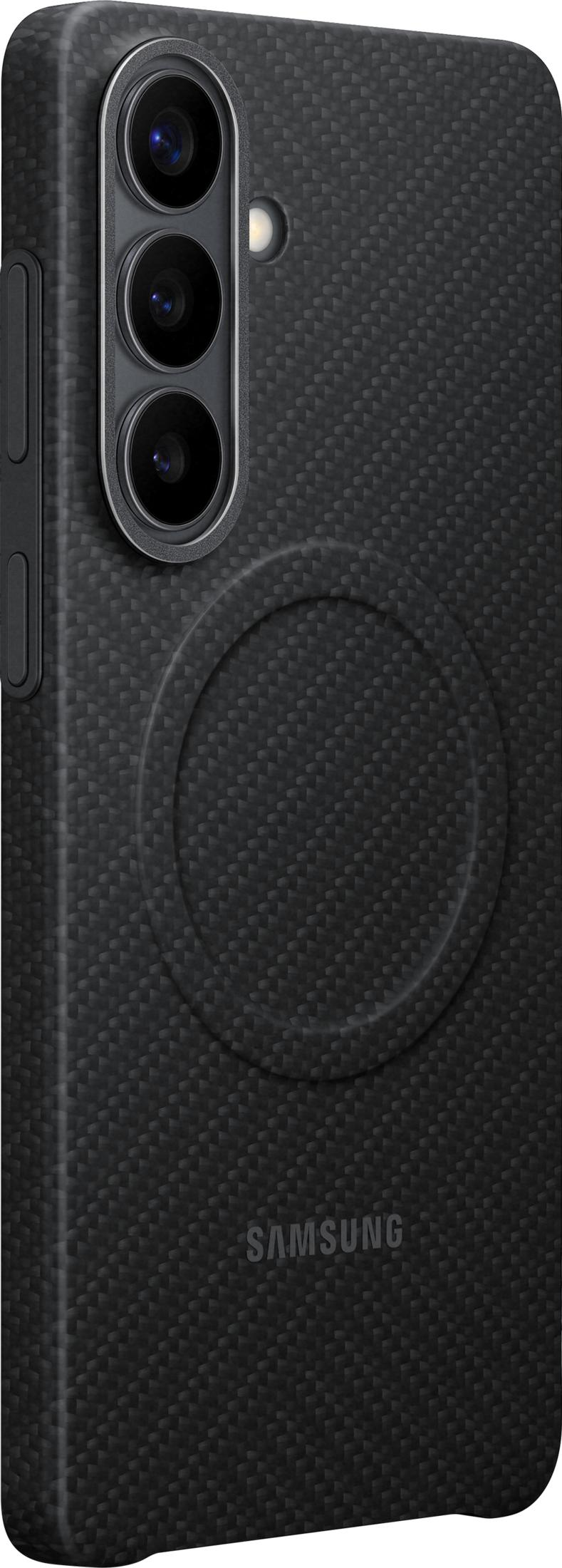Zwarte Samsung telefoon met drievoudige camera en cirkelvormige inkeping.