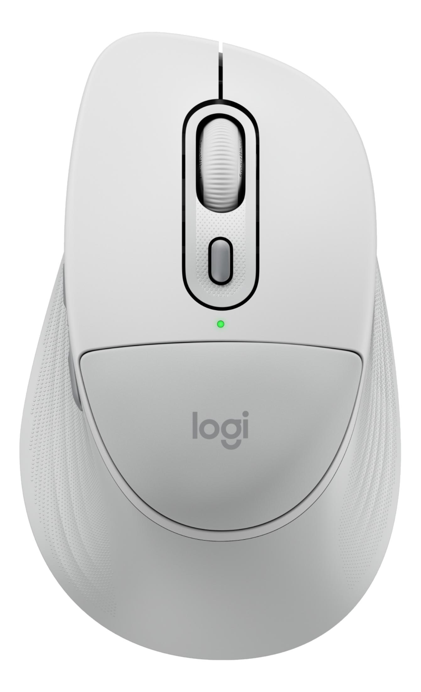 Eine weiße Logitech-Maus mit gummiertem Griff und Scrollrad.