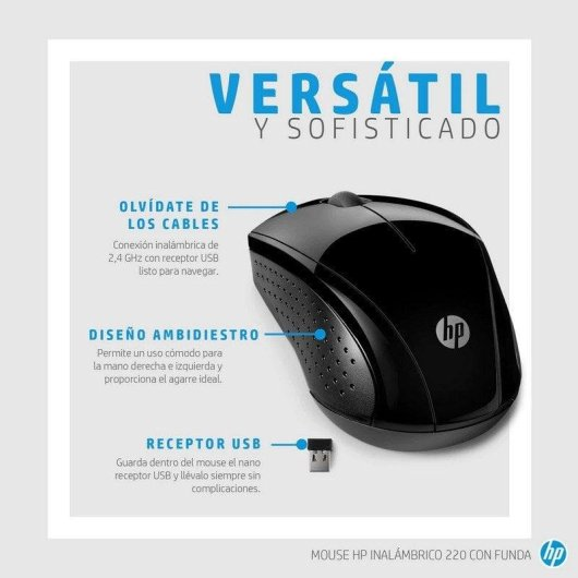 Mouse wireless HP nero con ricevitore USB e testo.