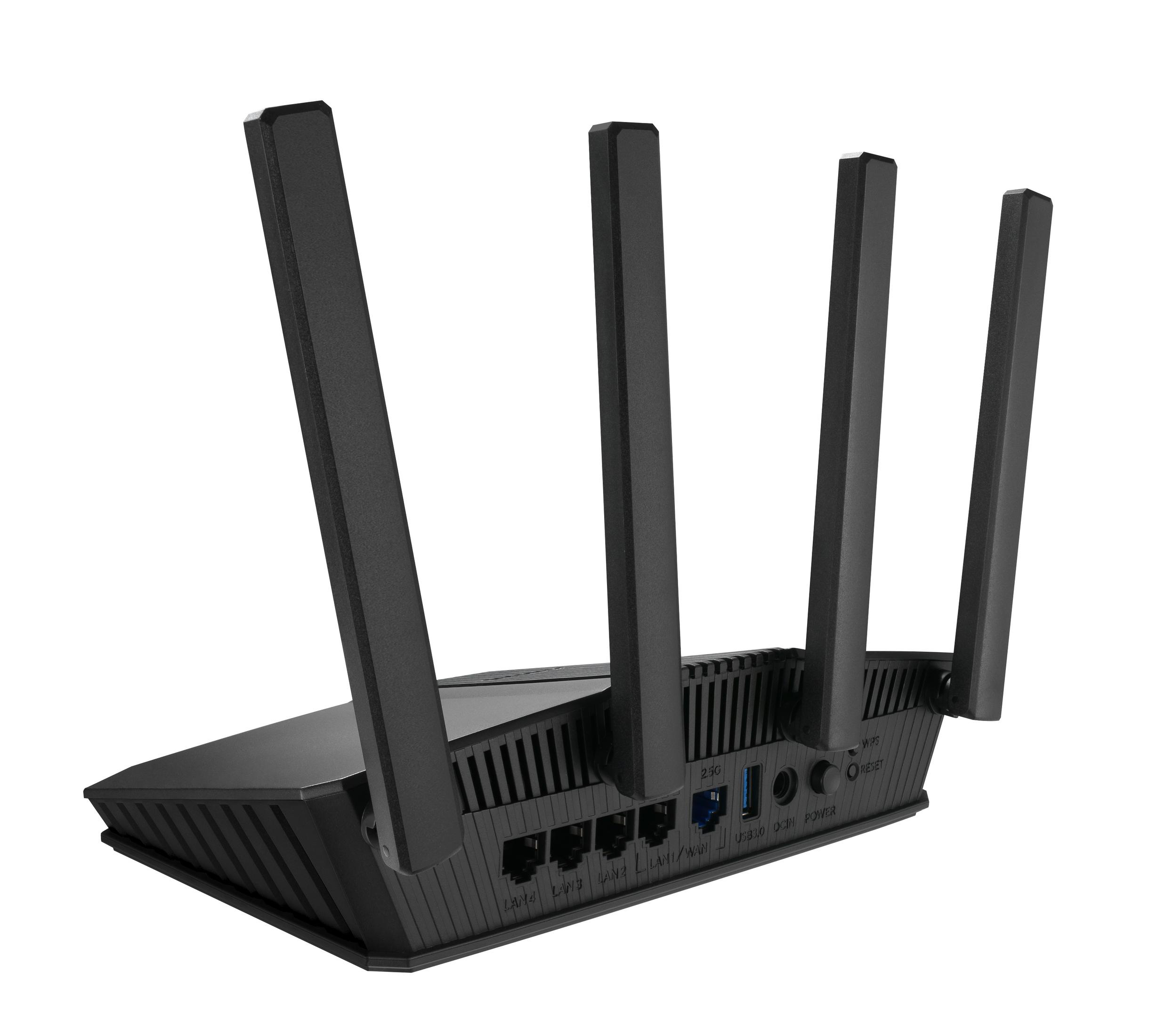 Un router negro con cuatro antenas y puertos como LAN, WAN, USB y alimentación.