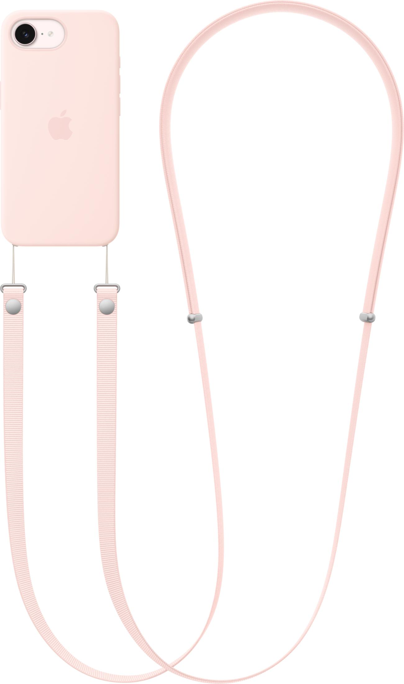 Un iPhone rosa claro con logo de Apple y correa a juego con herrajes plateados.