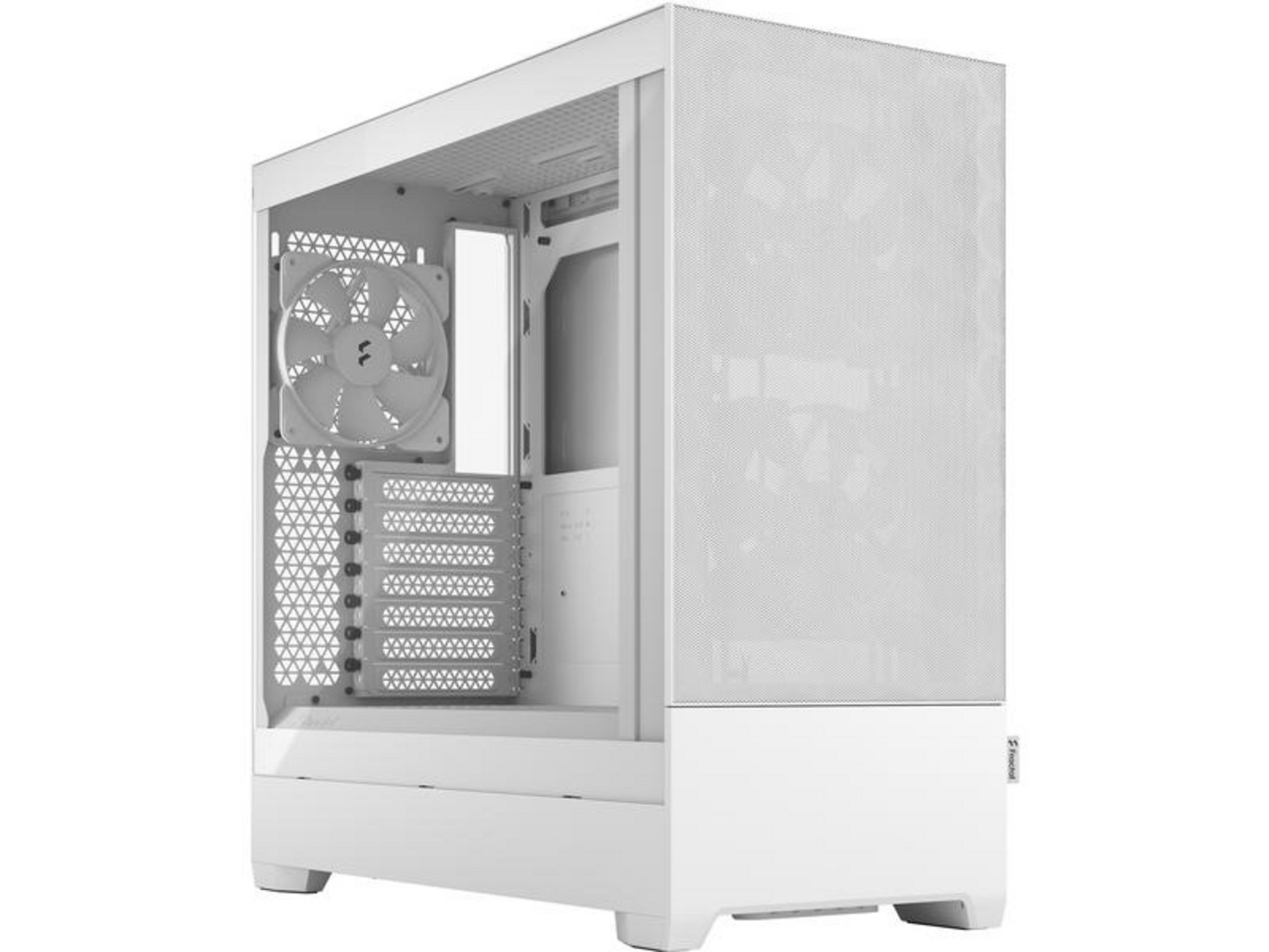Un case per computer bianco con ventola e pannelli in rete.