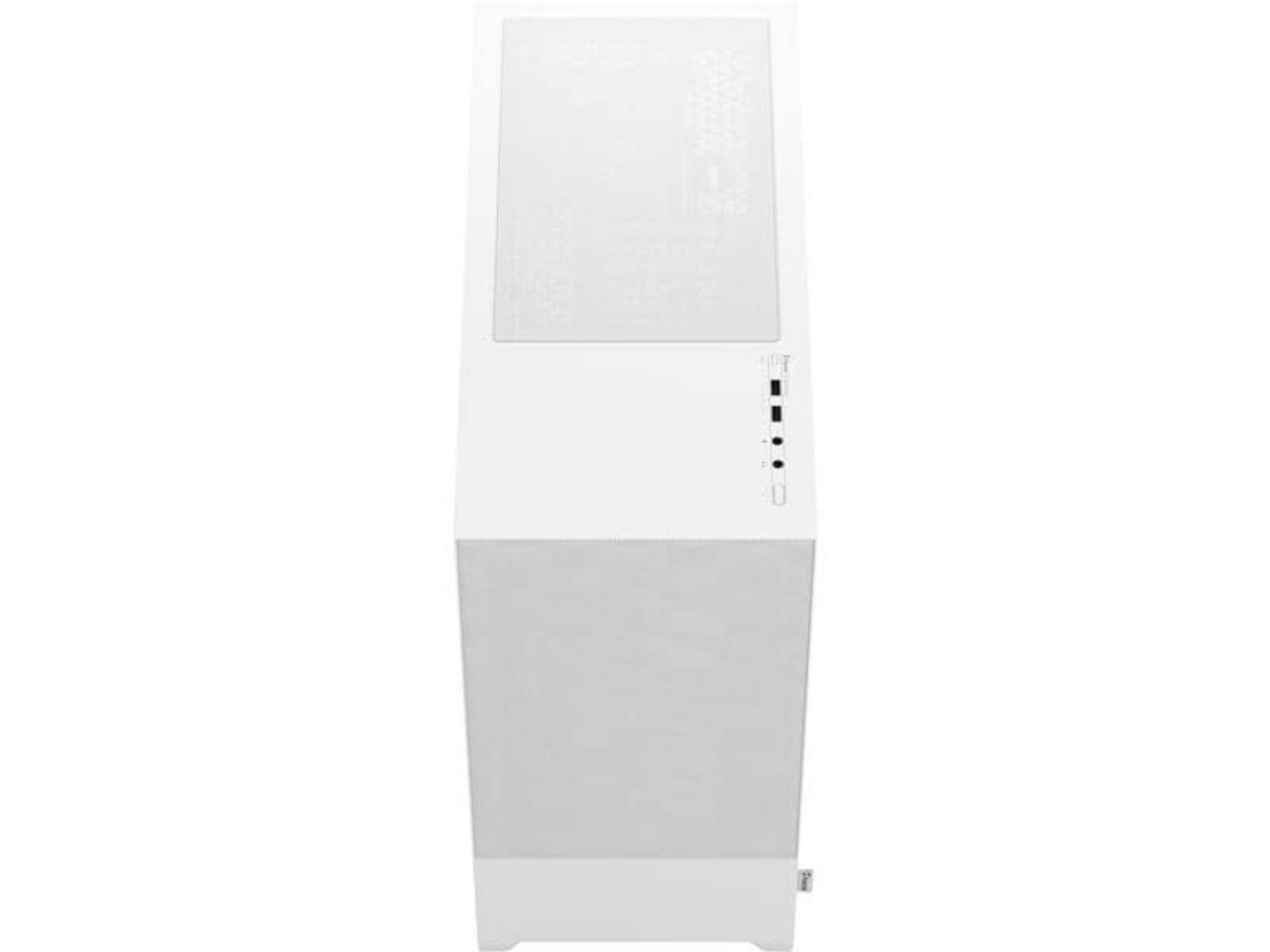 Un case per computer bianco con porte sul pannello frontale e superficie superiore forata.