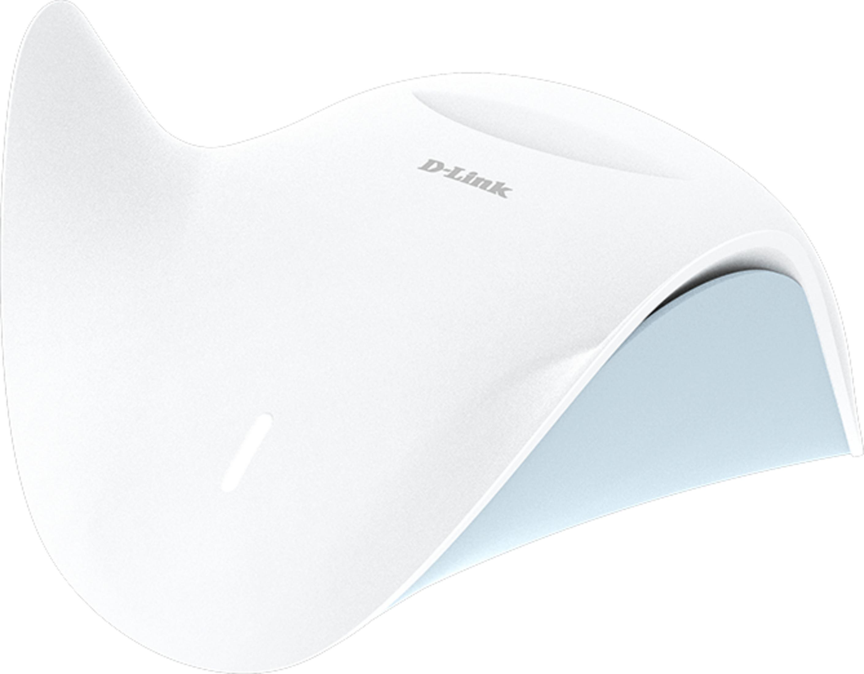 Ein weißer D-Link Router mit geschwungenem Design und hellblauem Akzent.