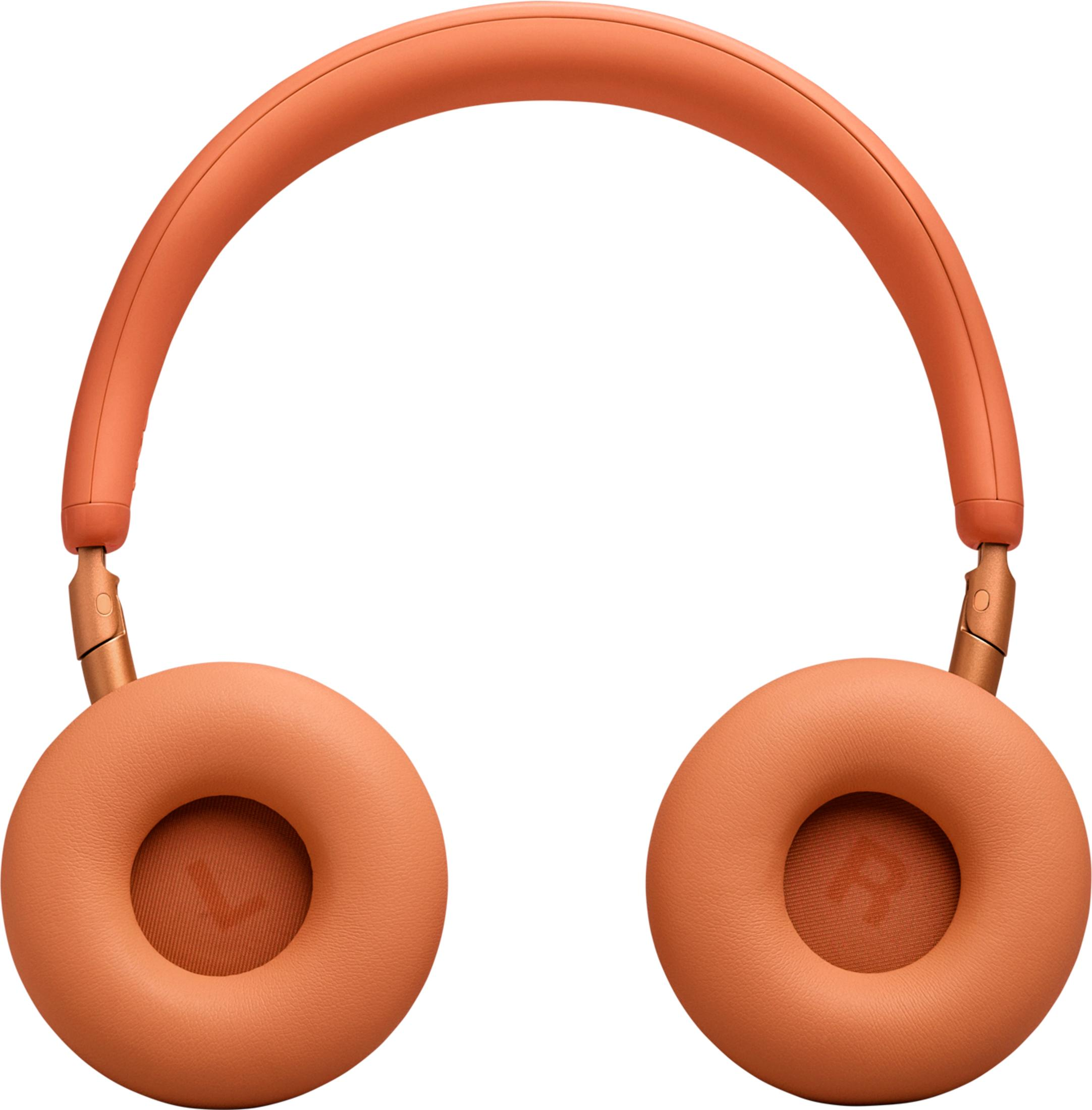 Cuffie arancioni con auricolari imbottiti e dettagli metallici.