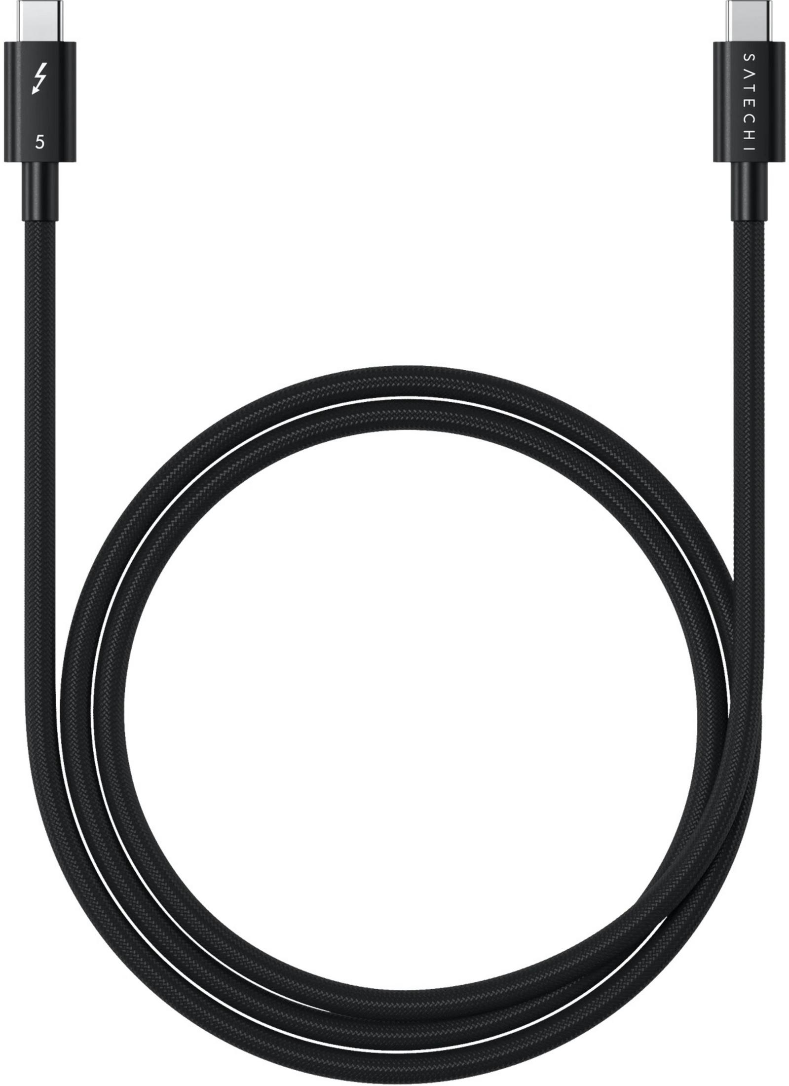 Cavo USB-C intrecciato nero con connettori argentati e logo SATECHI.