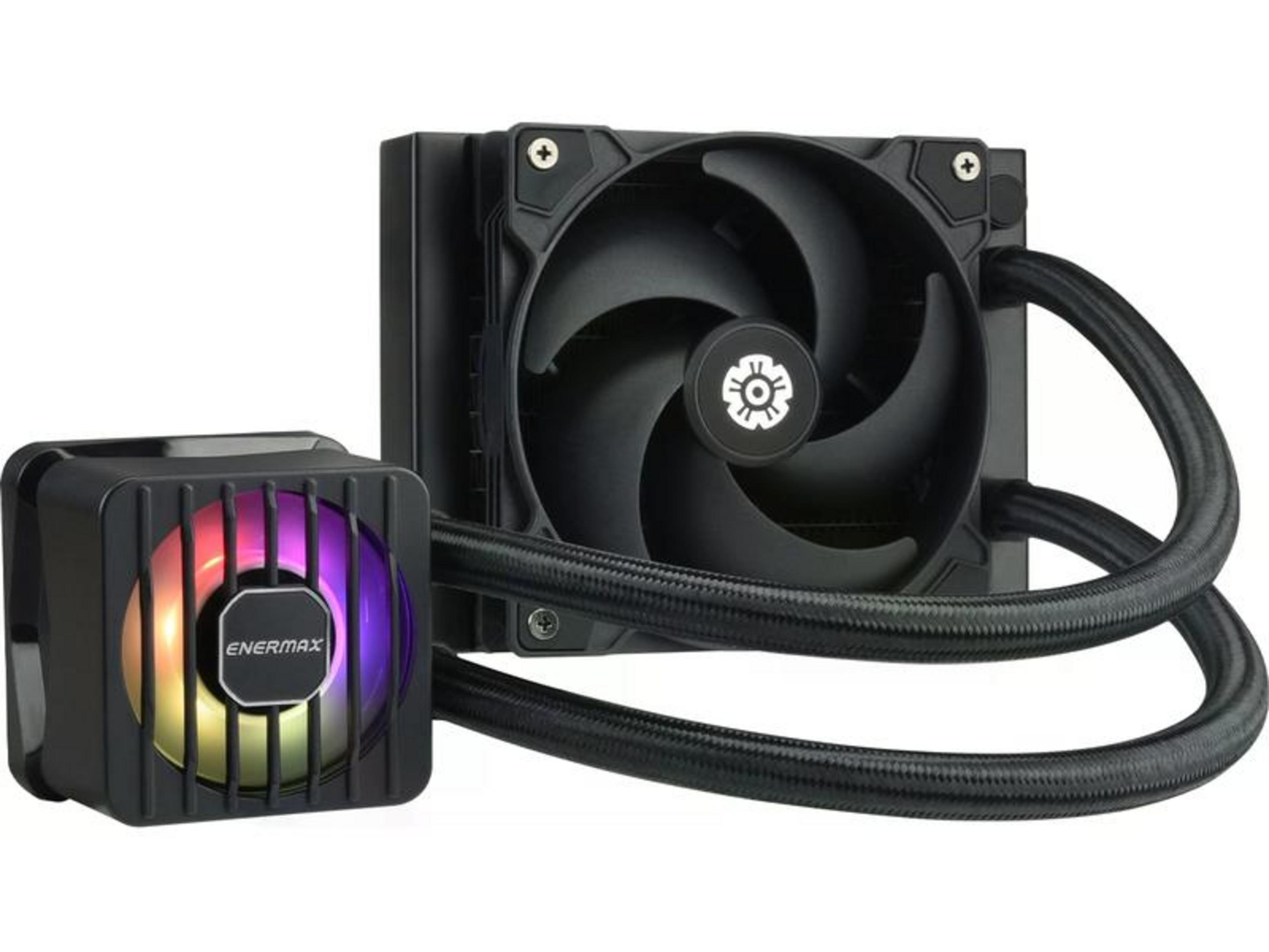 Dissipatore CPU nero con illuminazione RGB e una ventola.