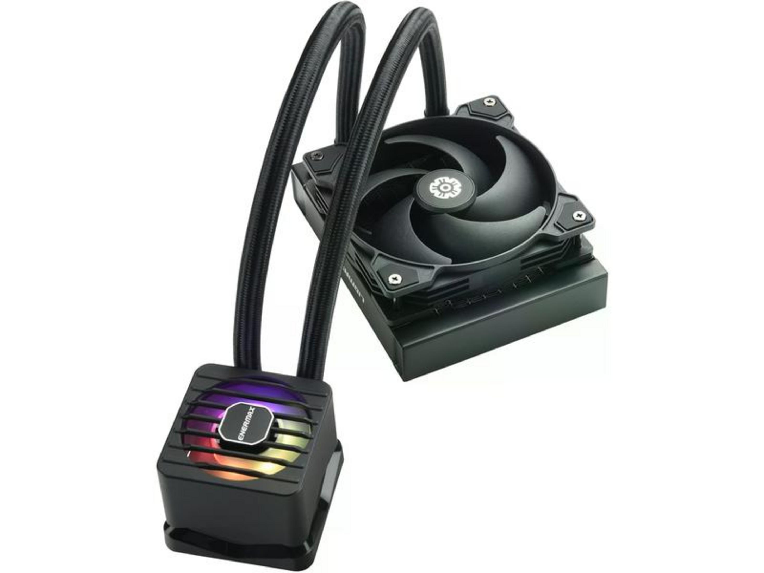 Dissipatore CPU nero con illuminazione RGB e due tubi su sfondo bianco.