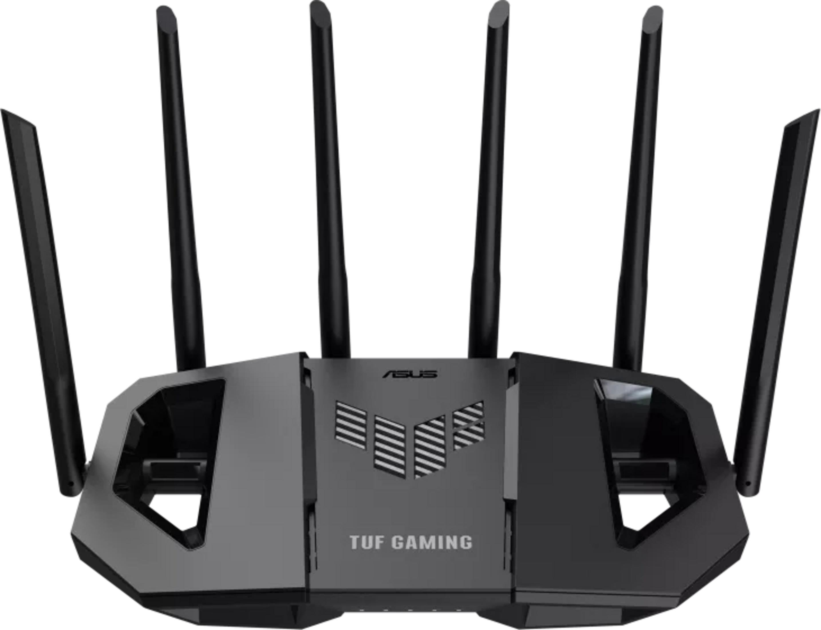 Altı antenli siyah ASUS TUF Gaming router, beyaz arka planda.
