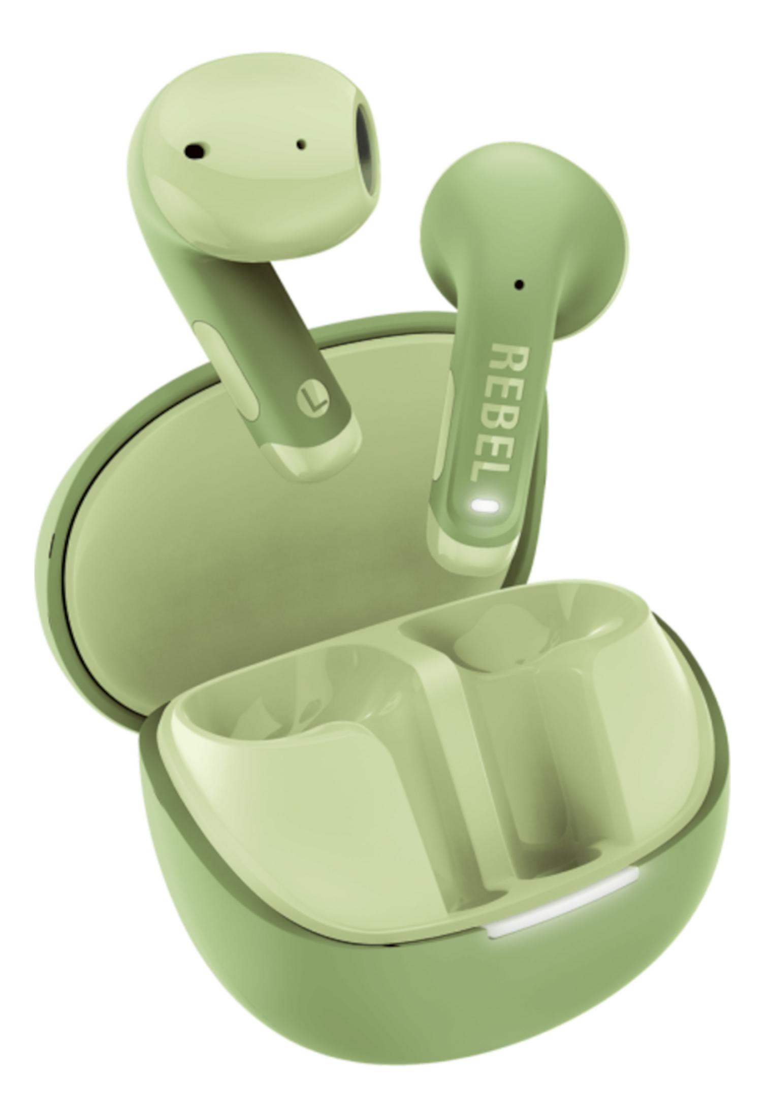 Grüne kabellose Ohrhörer mit Ladecase, REBEL-Logo auf einem Ohrhörer.