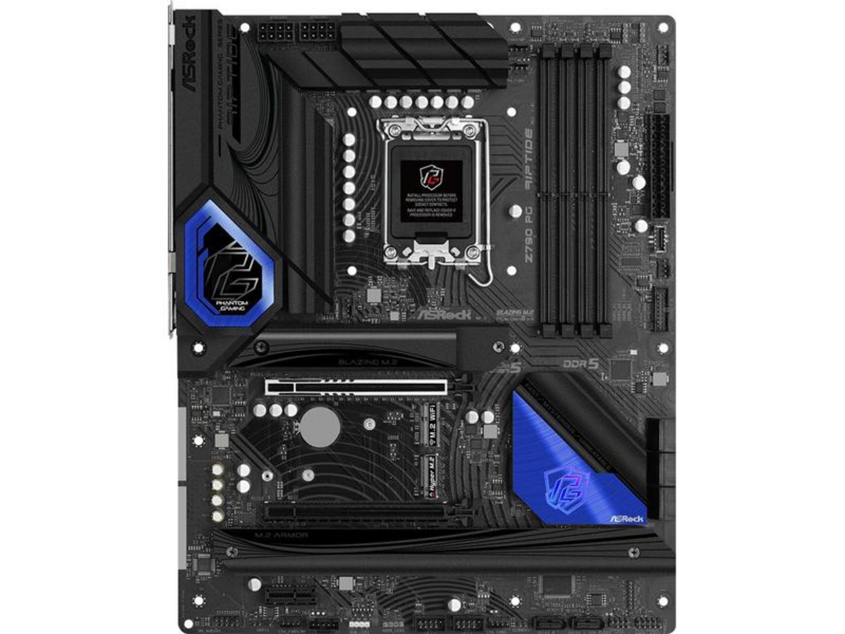 Placa base ASRock Z790 PG Riptide con iluminación RGB y zócalo de CPU.