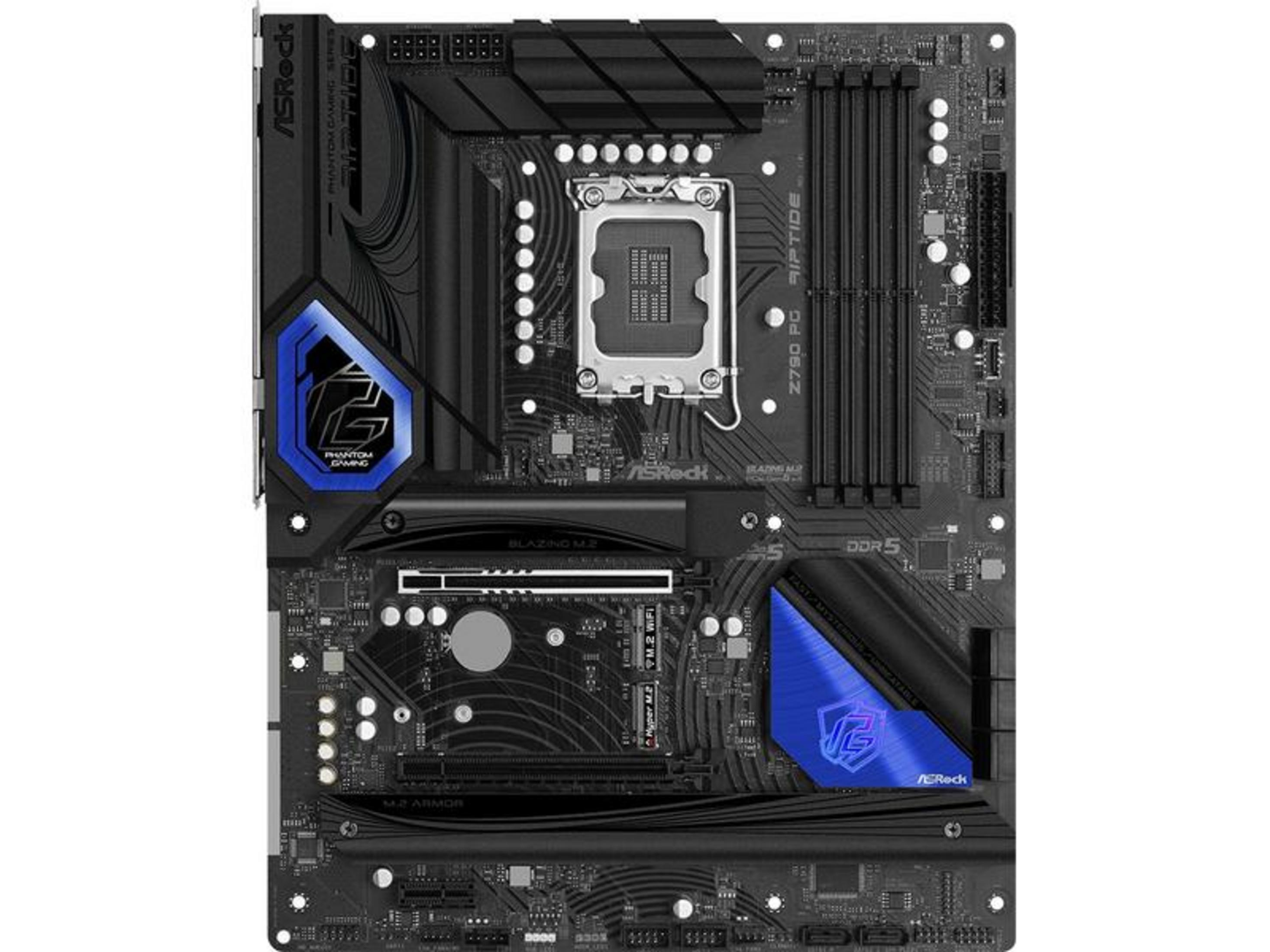 Una placa base negra con acentos azules y el logo de ASRock.