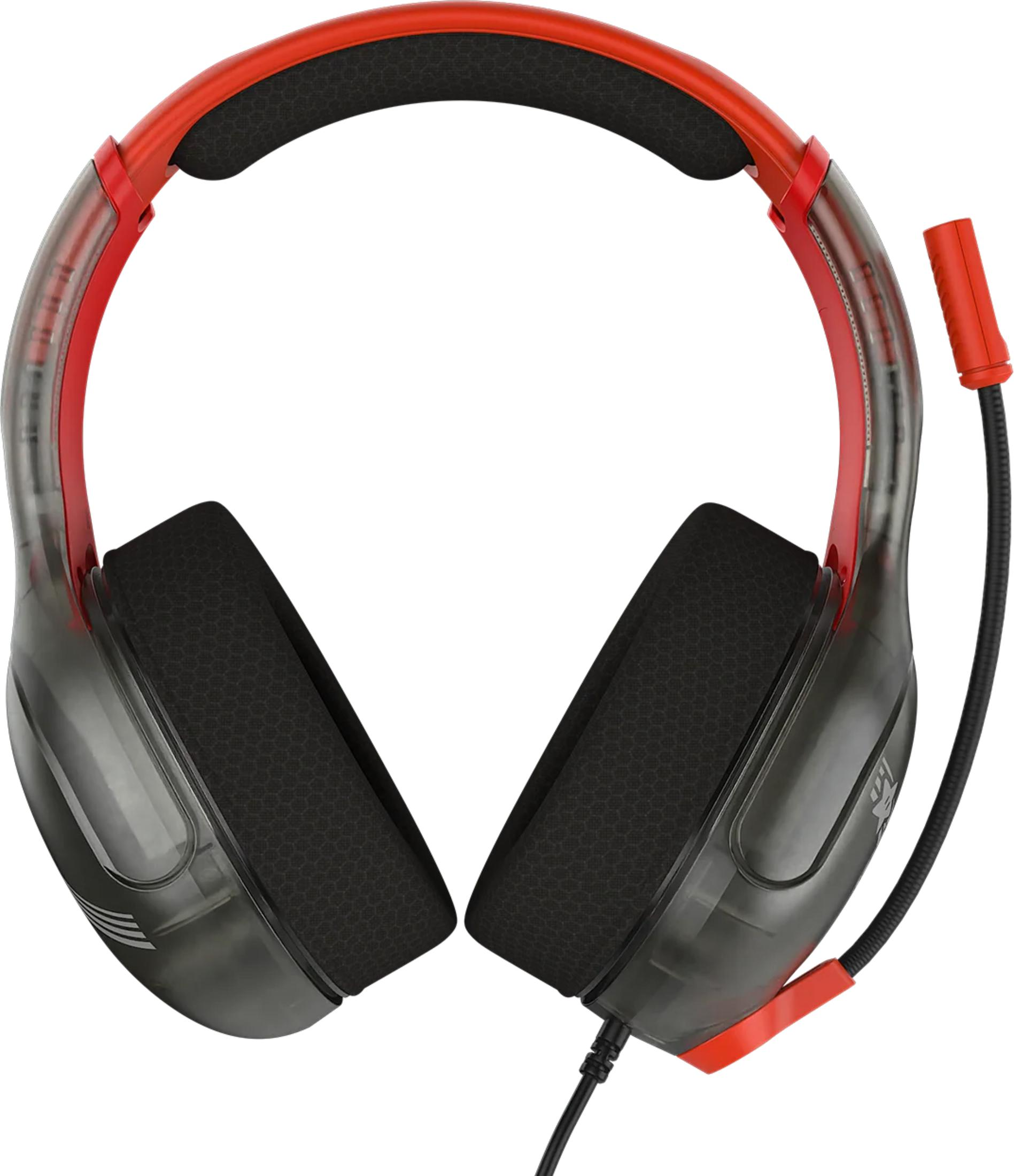 Gaming-Headset mit roten Akzenten und transparenten Ohrmuscheln.