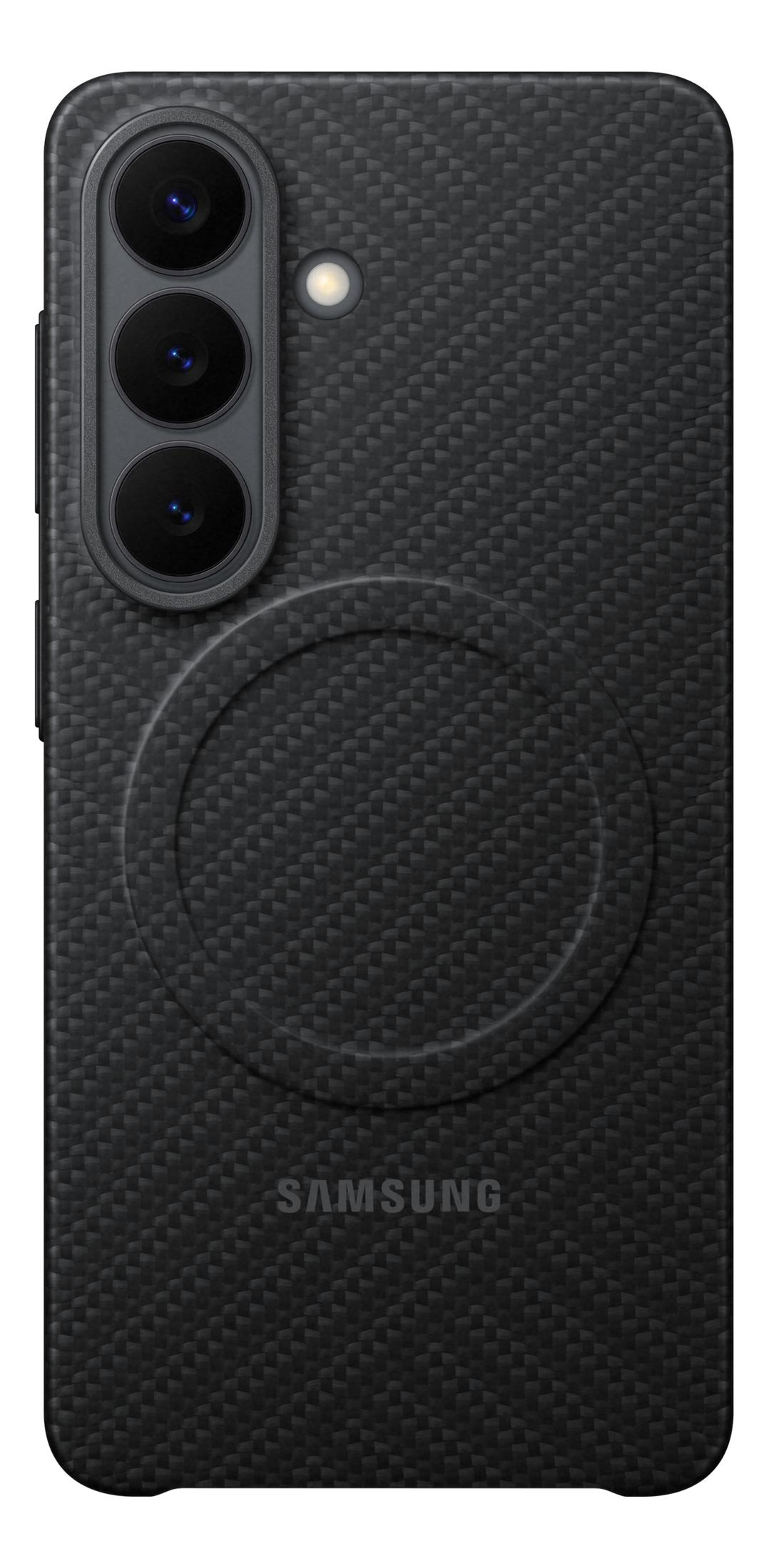 Black phone case with carbon texture, three cameras, and Samsung logo.