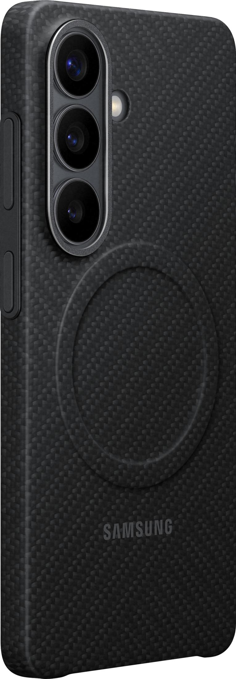 Black phone case with camera module, Samsung logo and pattern.