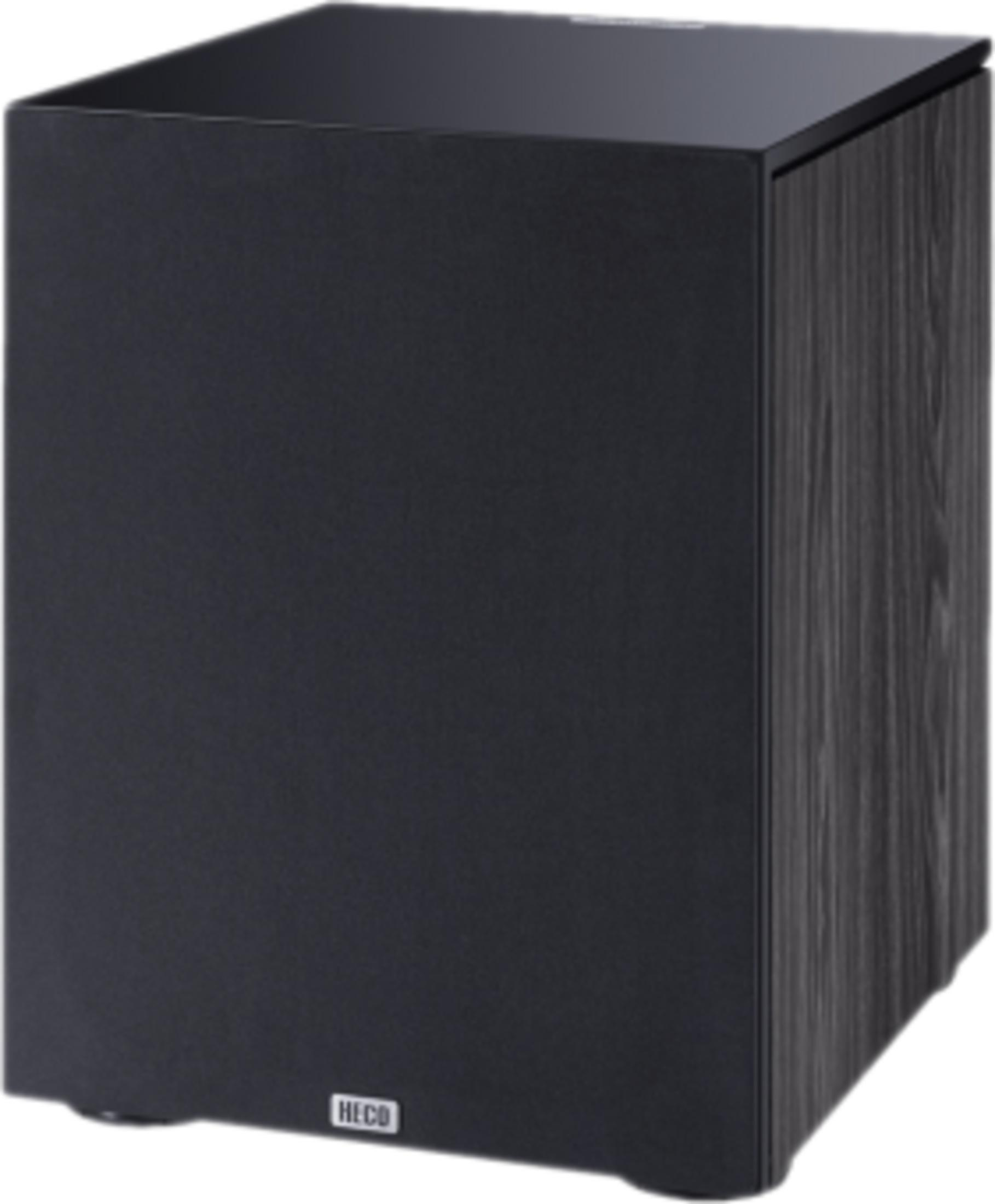 Ein schwarzer Lautsprecher-Subwoofer mit Holzmaserung an der Seite.