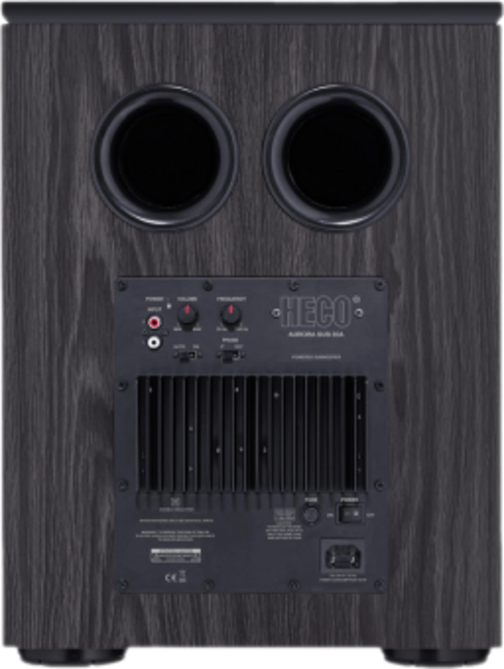 Rückseite eines schwarzen Holz-Subwoofers mit zwei runden Bassreflexöffnungen.