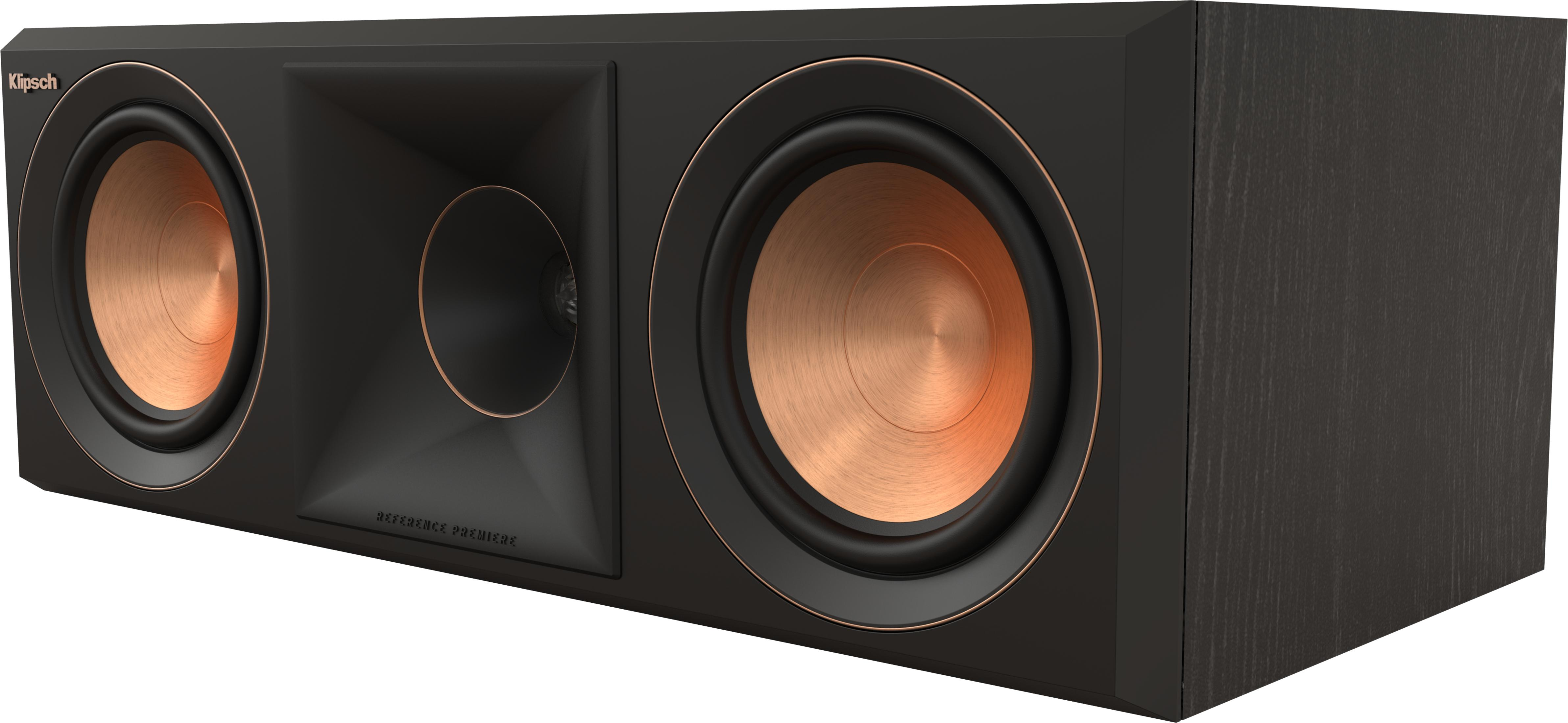 Ein schwarzer Klipsch Lautsprecher mit Kupfer-Akzenten und einem Horn-Tweeter.