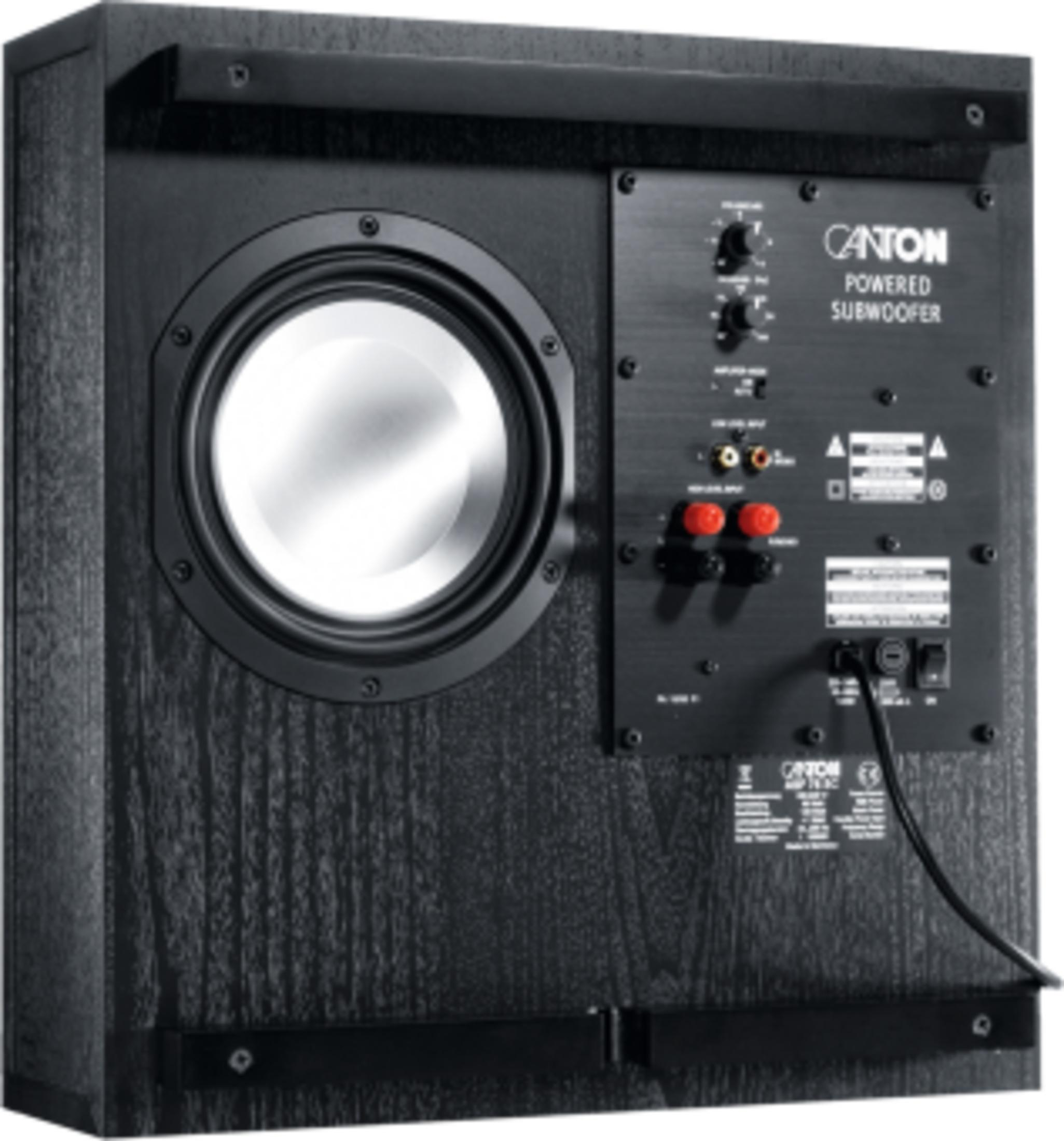 Rückseite eines schwarzen Canton Subwoofers mit Anschlüssen und Bedienelementen.