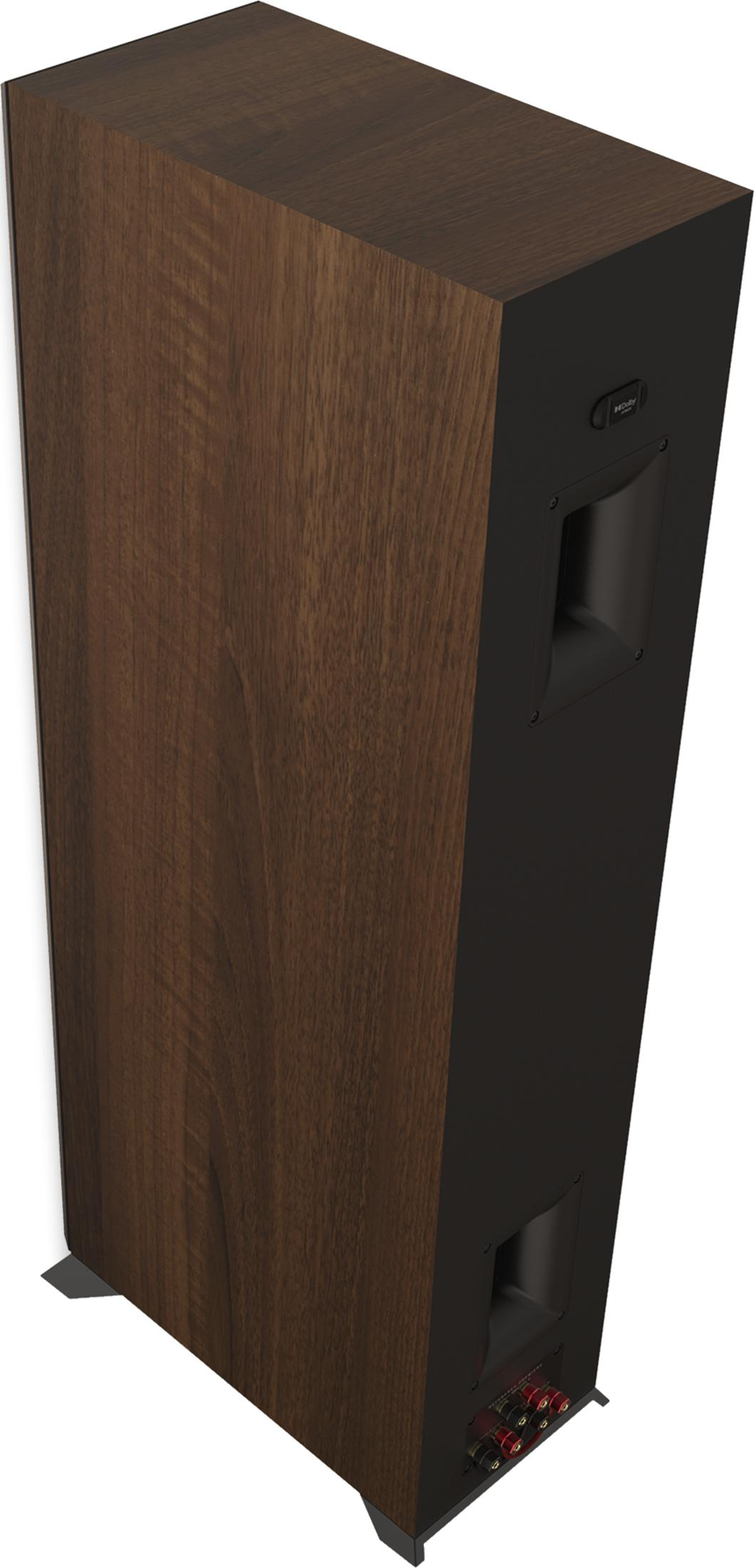 Ein brauner Holz-Lautsprecher mit schwarzer Vorderseite und Anschlüssen.