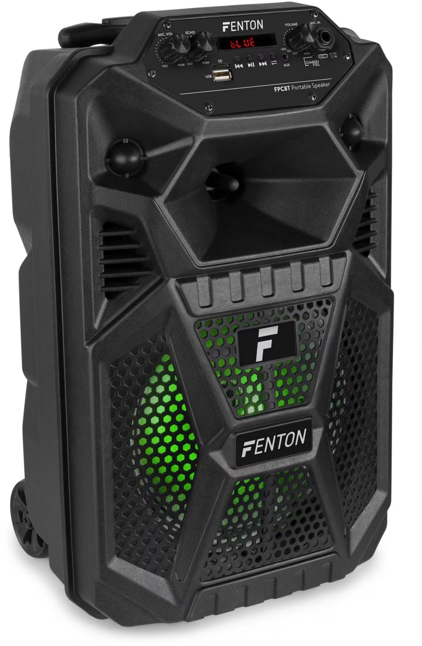 Altavoz Fenton portátil negro con luces LED verdes y ruedas.