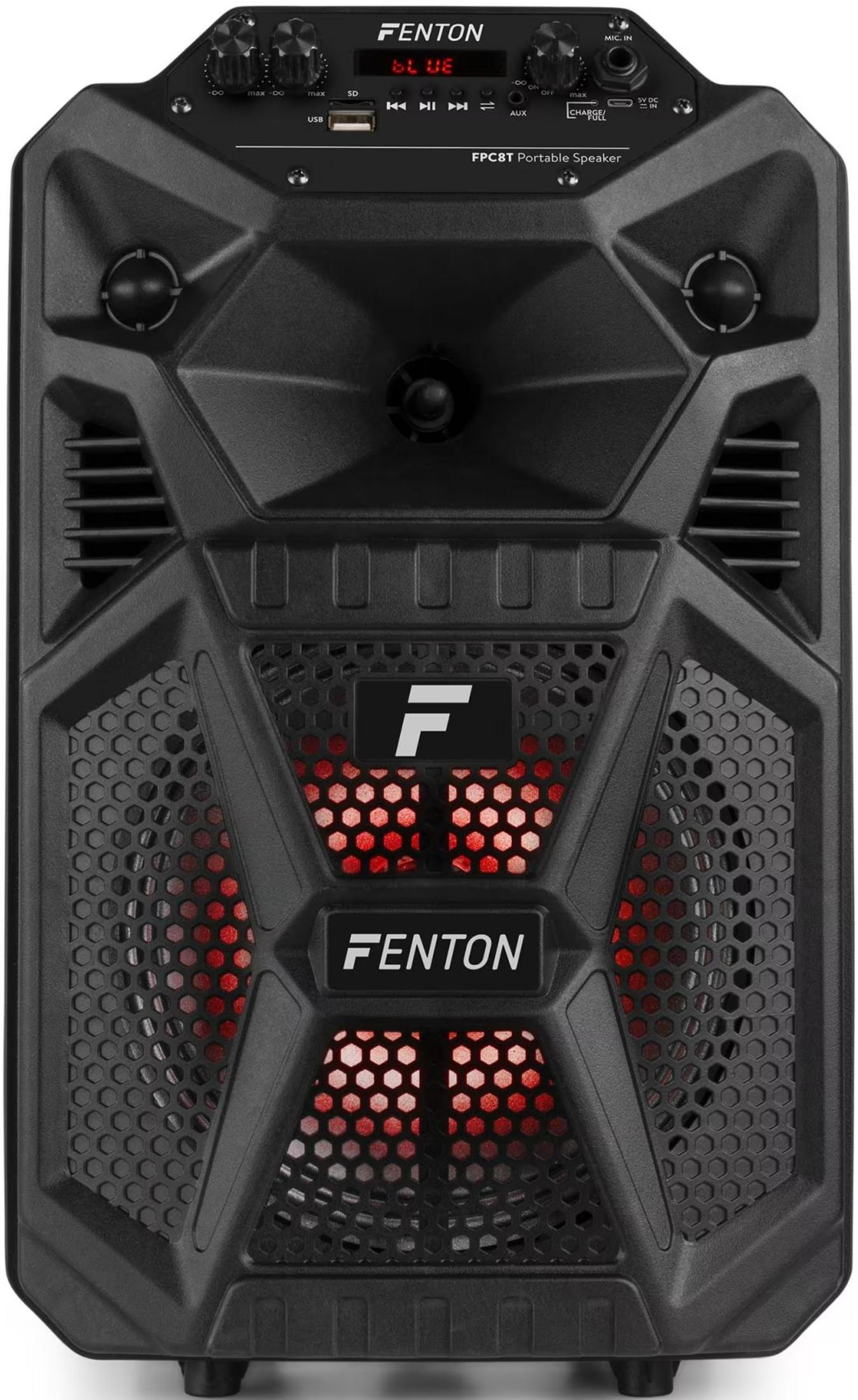 Altavoz portátil FENTON negro con pantalla azul y luces rojas.