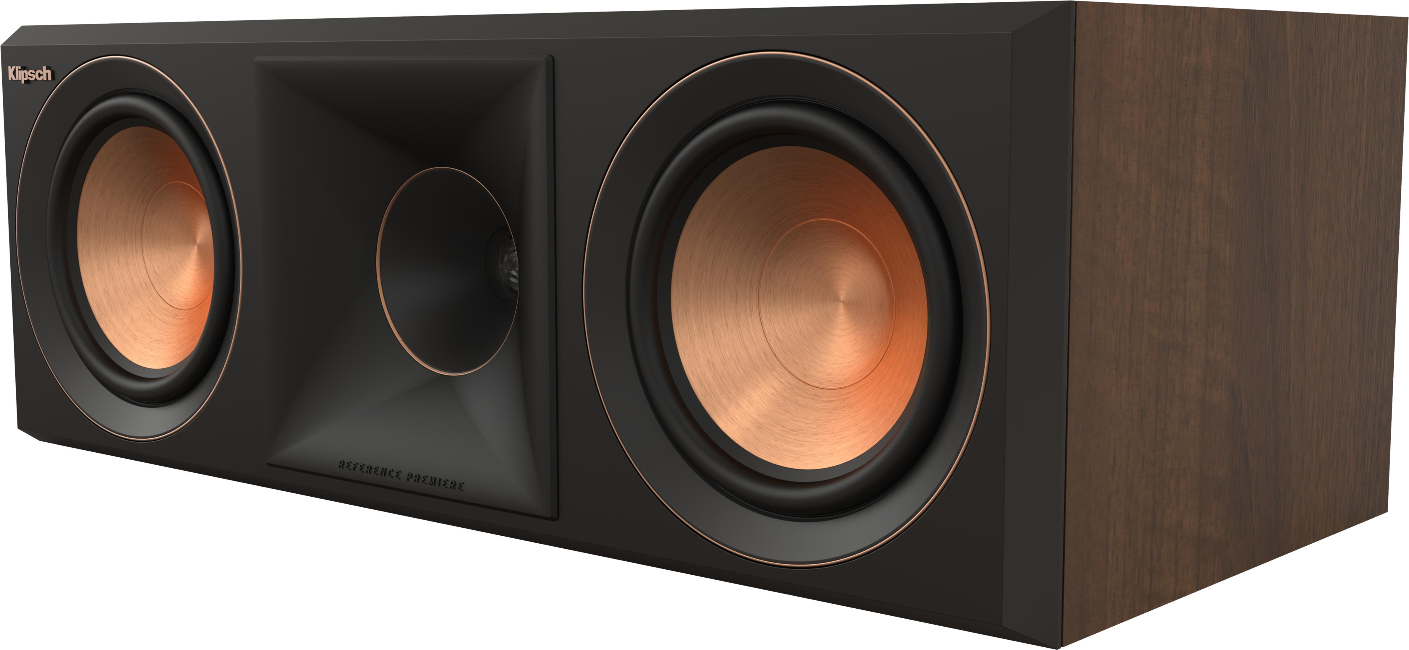 Schwarzer Klipsch Lautsprecher mit Kupfer-Membranen und Holz-Seiten.