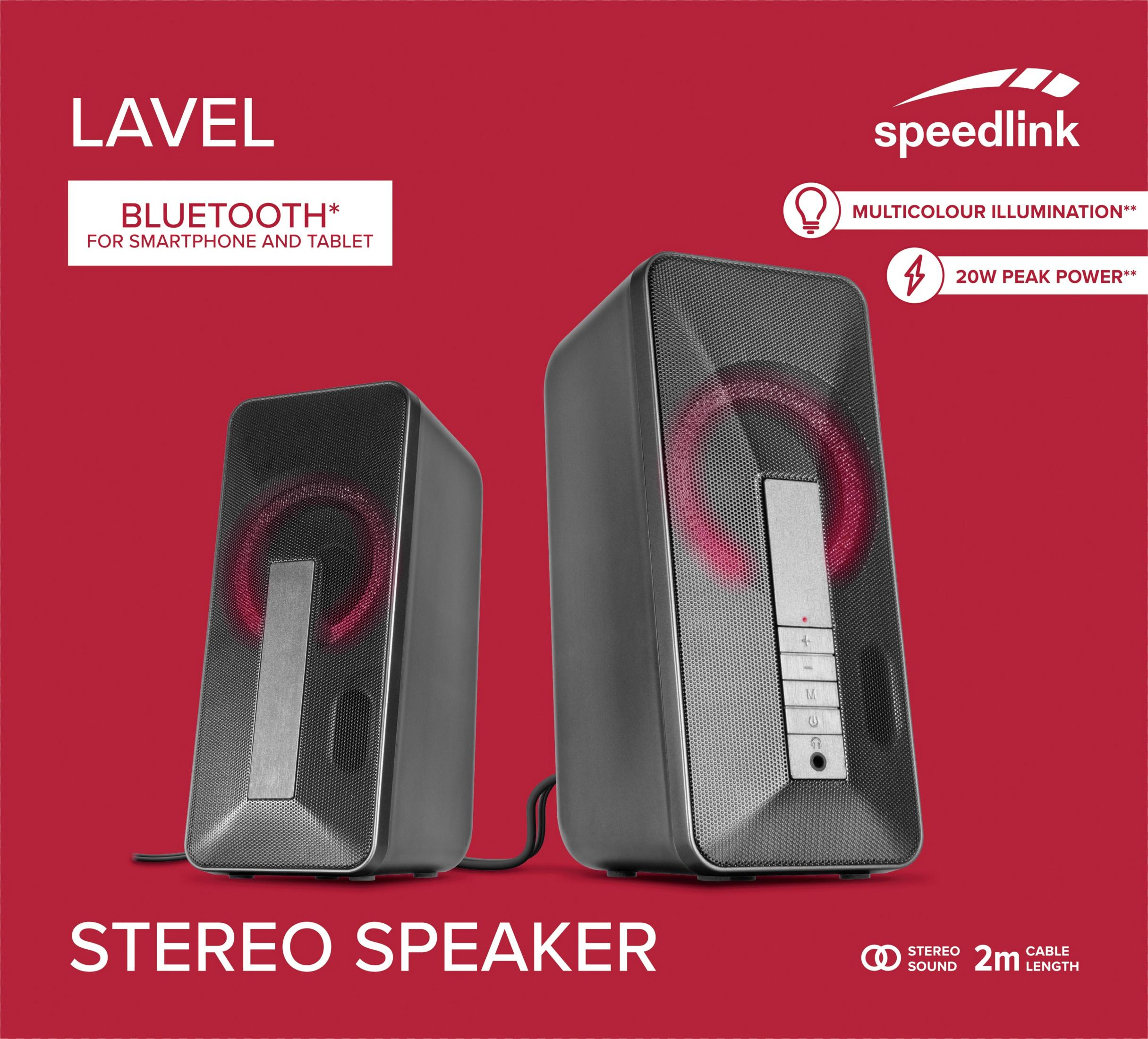 Zwei schwarze Stereo-Lautsprecher mit roter Beleuchtung auf rotem Hintergrund.