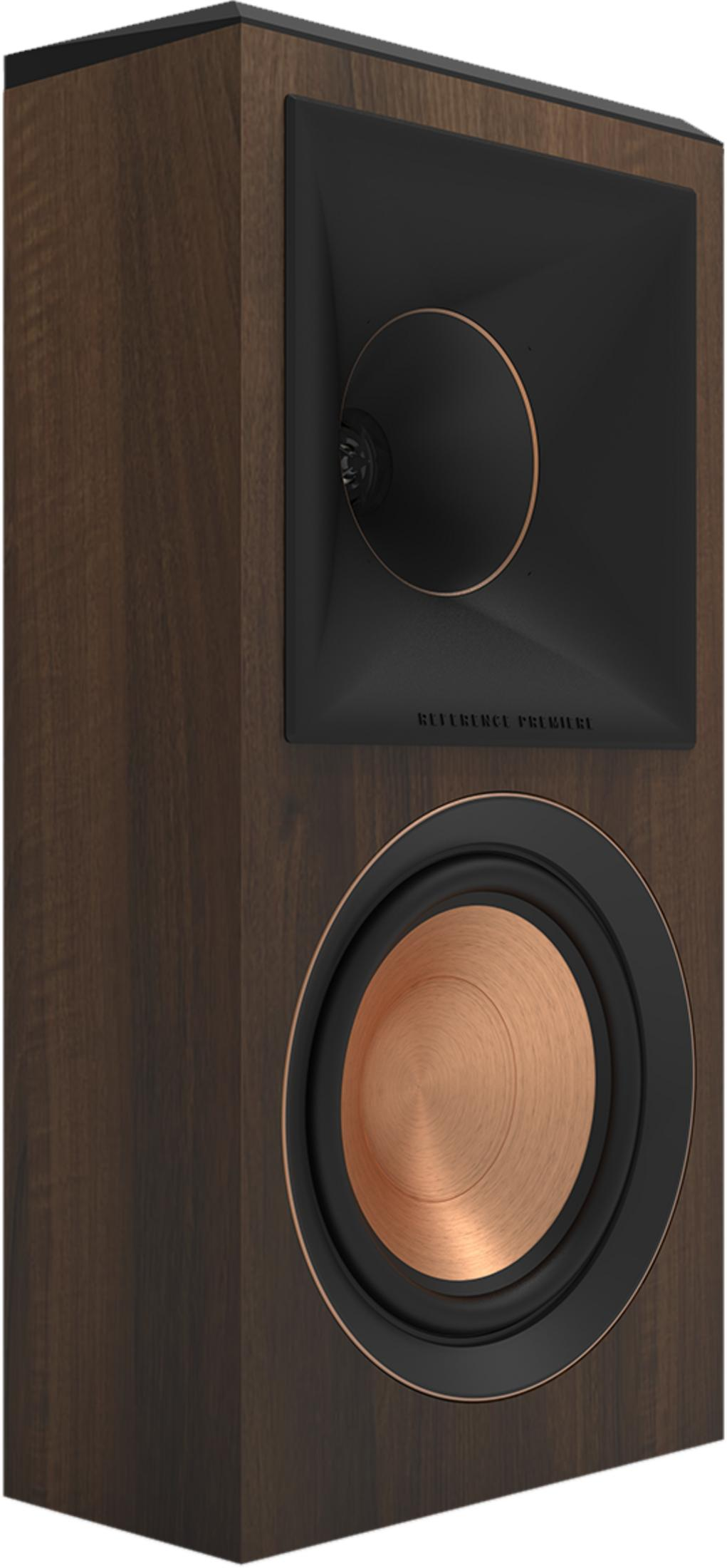 Siyah kornası ve bakır woofer'ı olan koyu ahşap hoparlör.