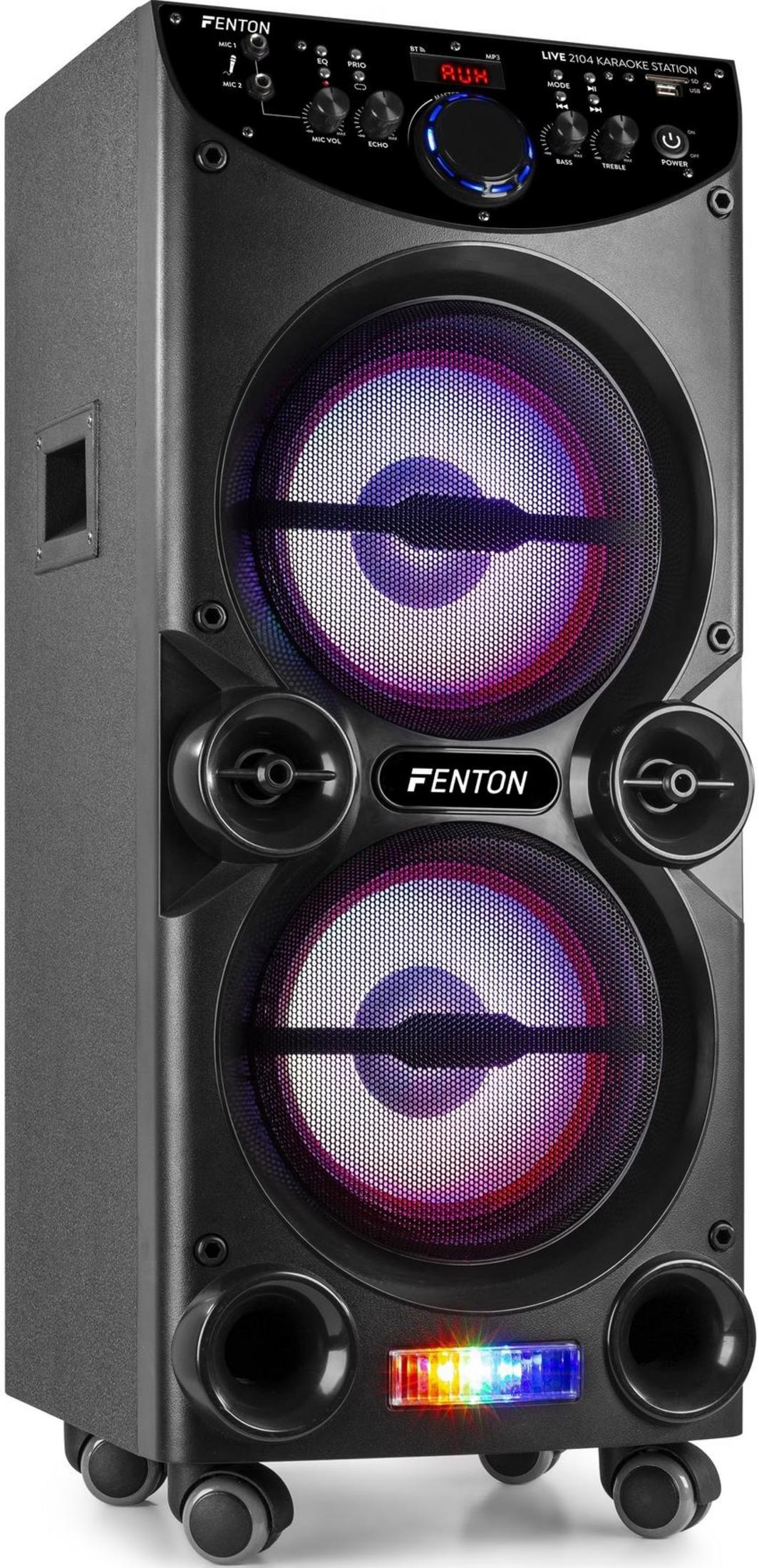 Un altavoz de karaoke Fenton negro con luces y botones de control.
